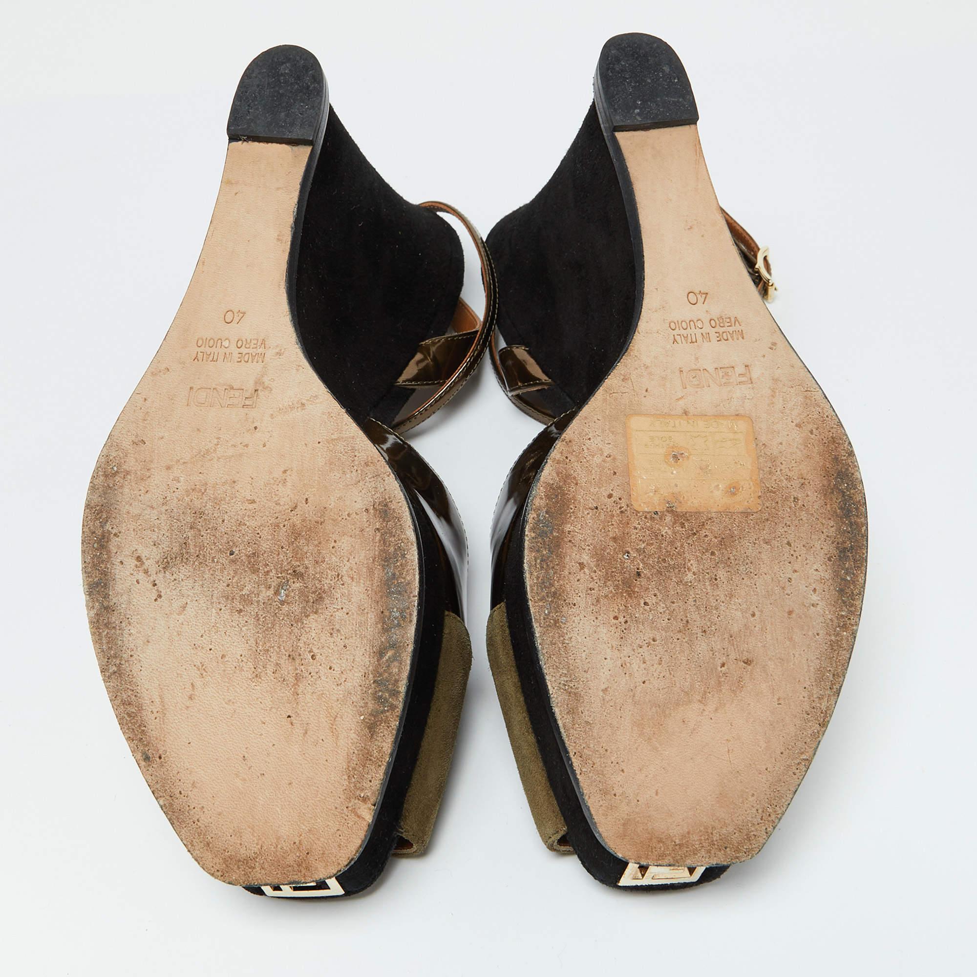 Fendi Brown Patent Leather and Suede Fendista Platform Wedge Sandals Size 40 1