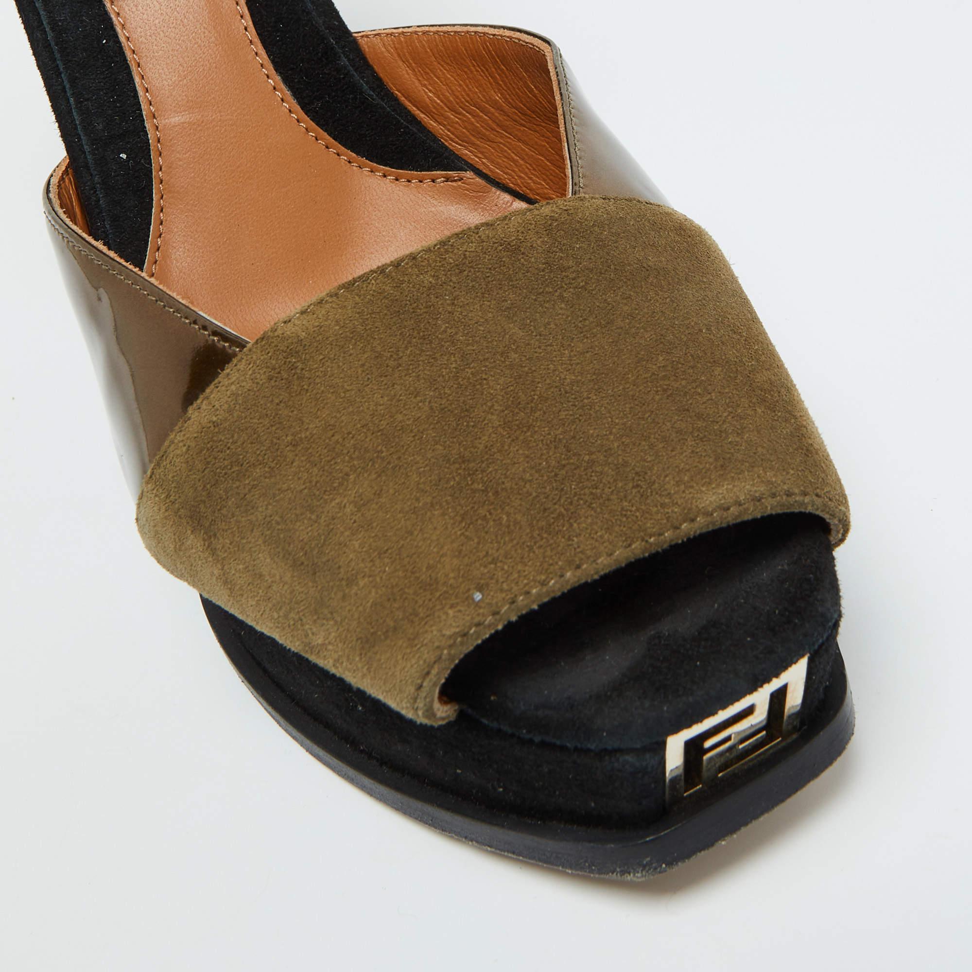 Fendi Brown Patent Leather and Suede Fendista Platform Wedge Sandals Size 40 2