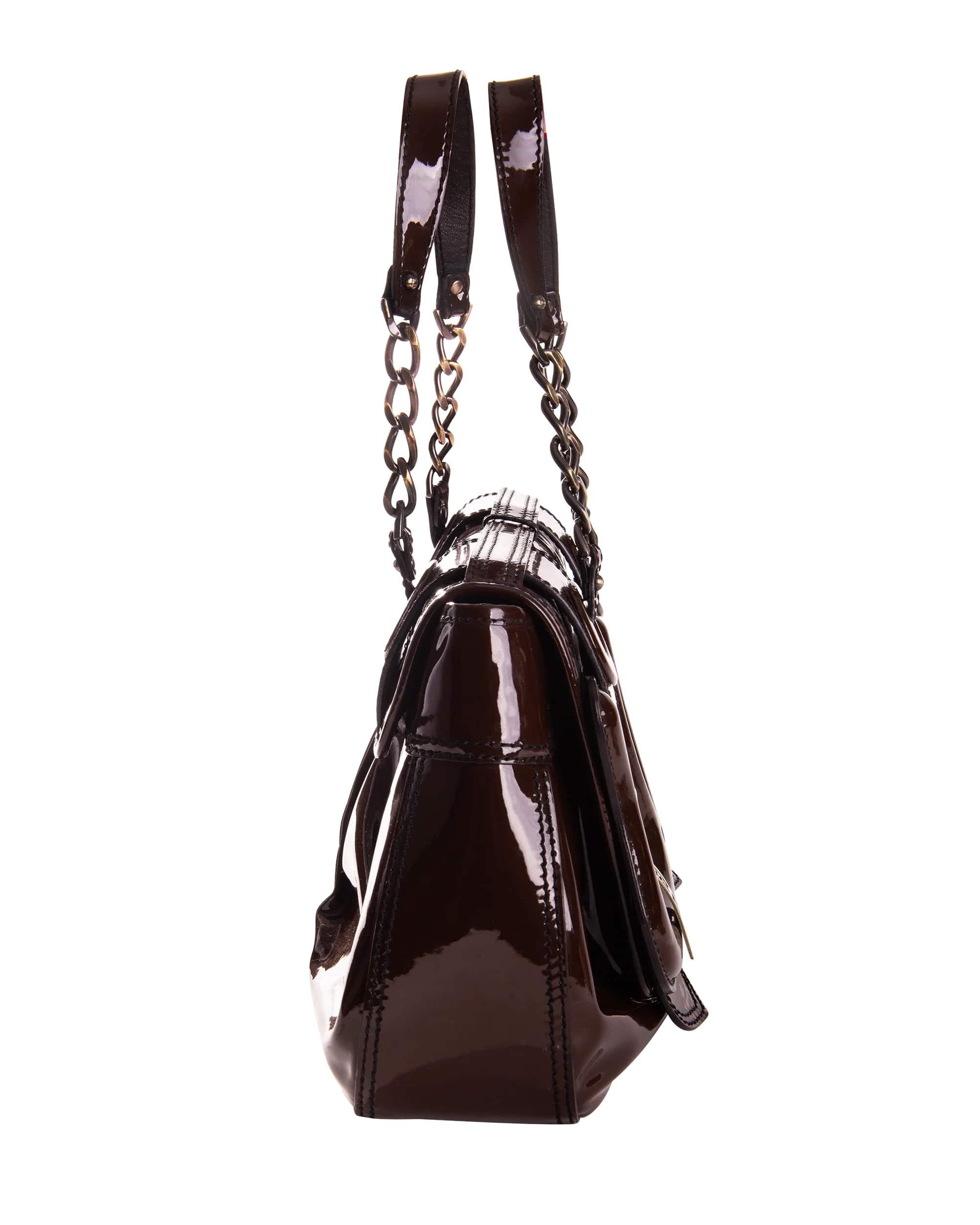 2006 Fendi brown patent leather shoulder bag with gold and bronze tone monogrammed hardware. 
Satchel bag with double shoulder straps connected by oversized chain. Fits iPhone. As seen on the A/W and S/S runway that year in various colorways. 
