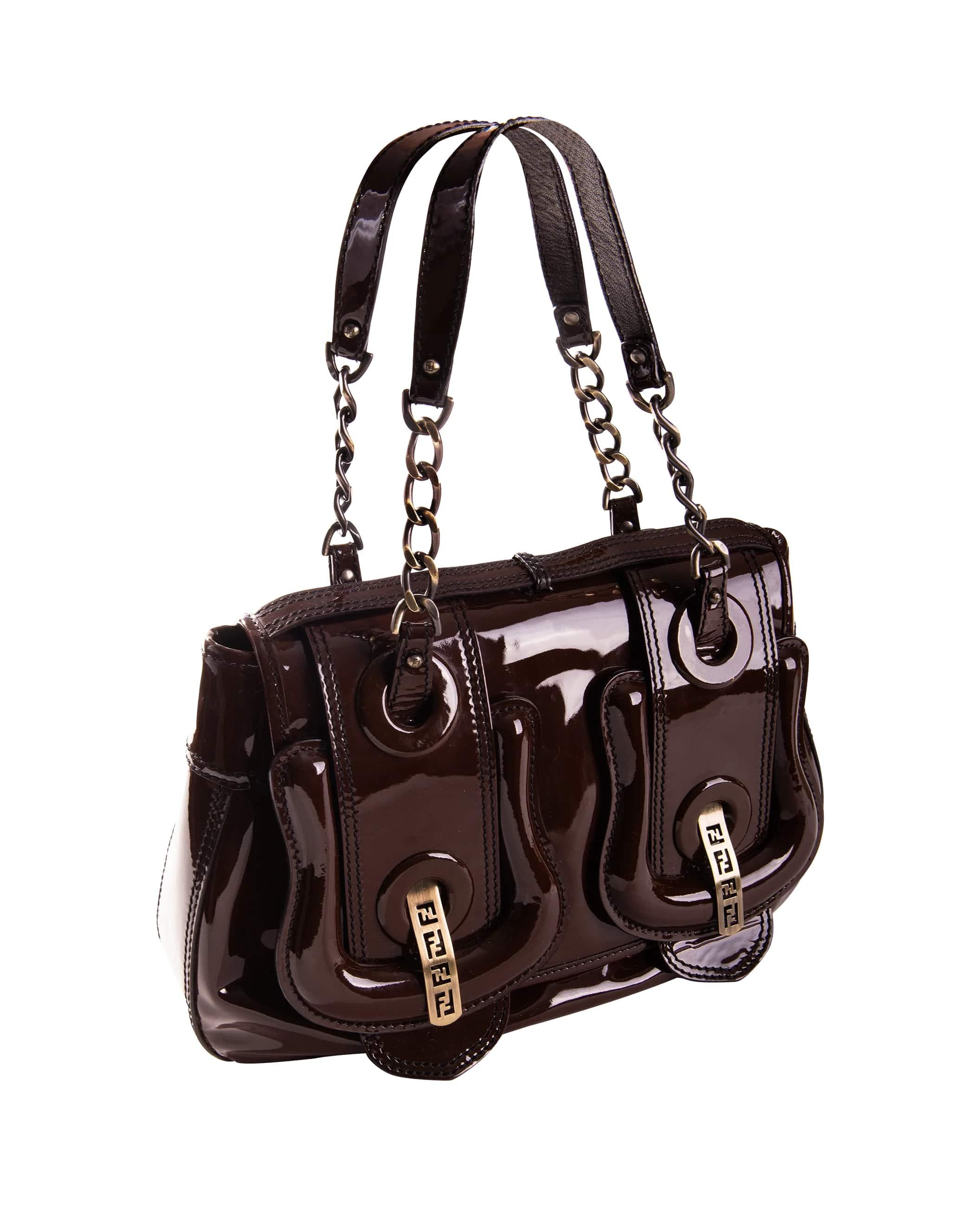 Fendi Brown Patent Leather Shoulder Bag In Excellent Condition In North Hollywood, CA