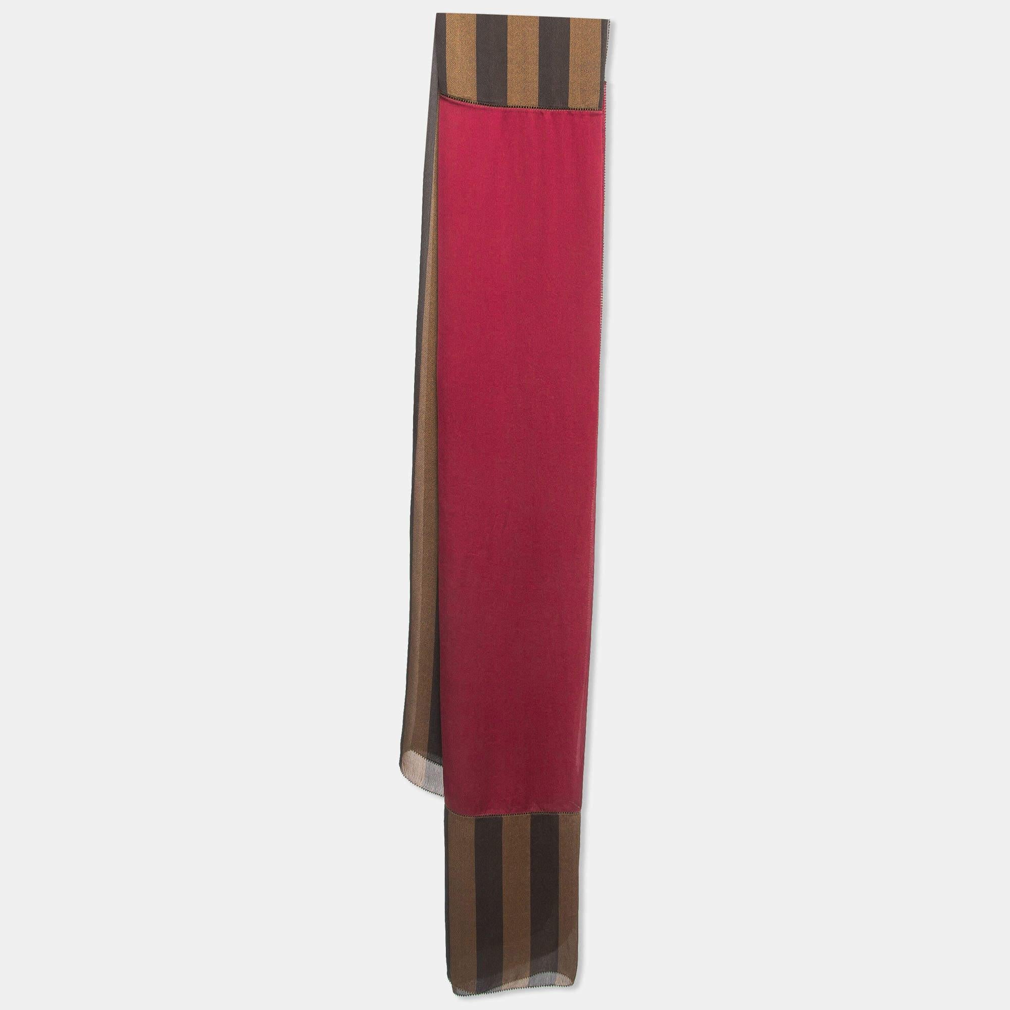 Fendi Brown Pequin Stripe Silk Chiffon Scarf In Excellent Condition In Dubai, Al Qouz 2