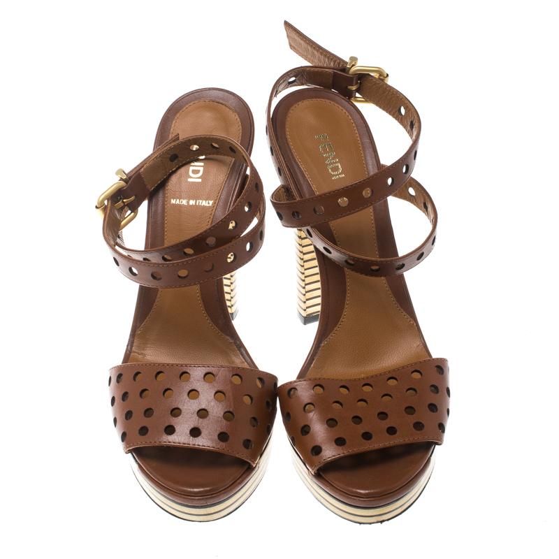 Fendi Brown Perforated Leather Ankle Strap Platform Sandals Size 38.5 In Good Condition In Dubai, Al Qouz 2