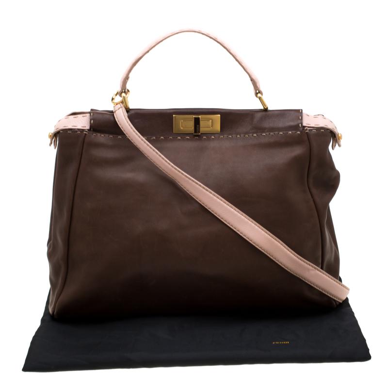 Fendi Brown/Pink Selleria Leather Large Peekaboo Top Handle Bag 8