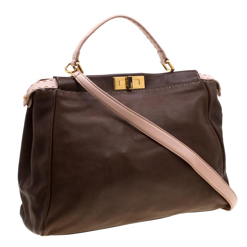 Fendi Brown/Pink Selleria Leather Large Peekaboo Top Handle Bag In Good Condition In Dubai, Al Qouz 2