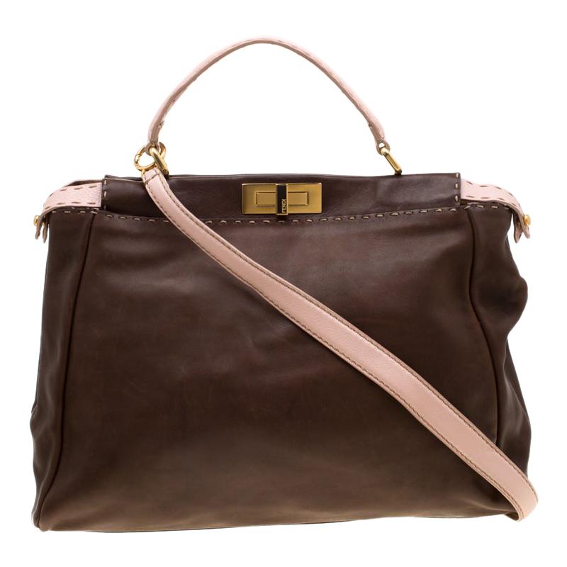 Fendi Brown/Pink Selleria Leather Large Peekaboo Top Handle Bag
