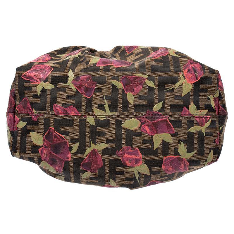 Fendi Brown/Pink Zucca Rose Print Canvas and Leather Mini Mare Bag In Excellent Condition In Dubai, Al Qouz 2
