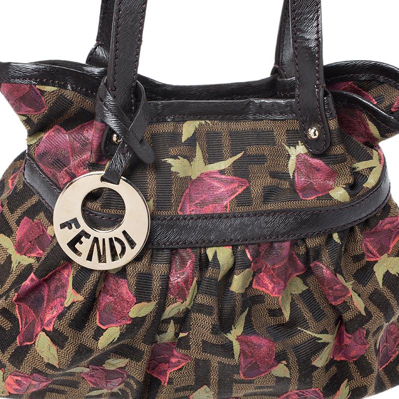 Women's Fendi Brown/Pink Zucca Rose Print Canvas and Leather Mini Mare Bag