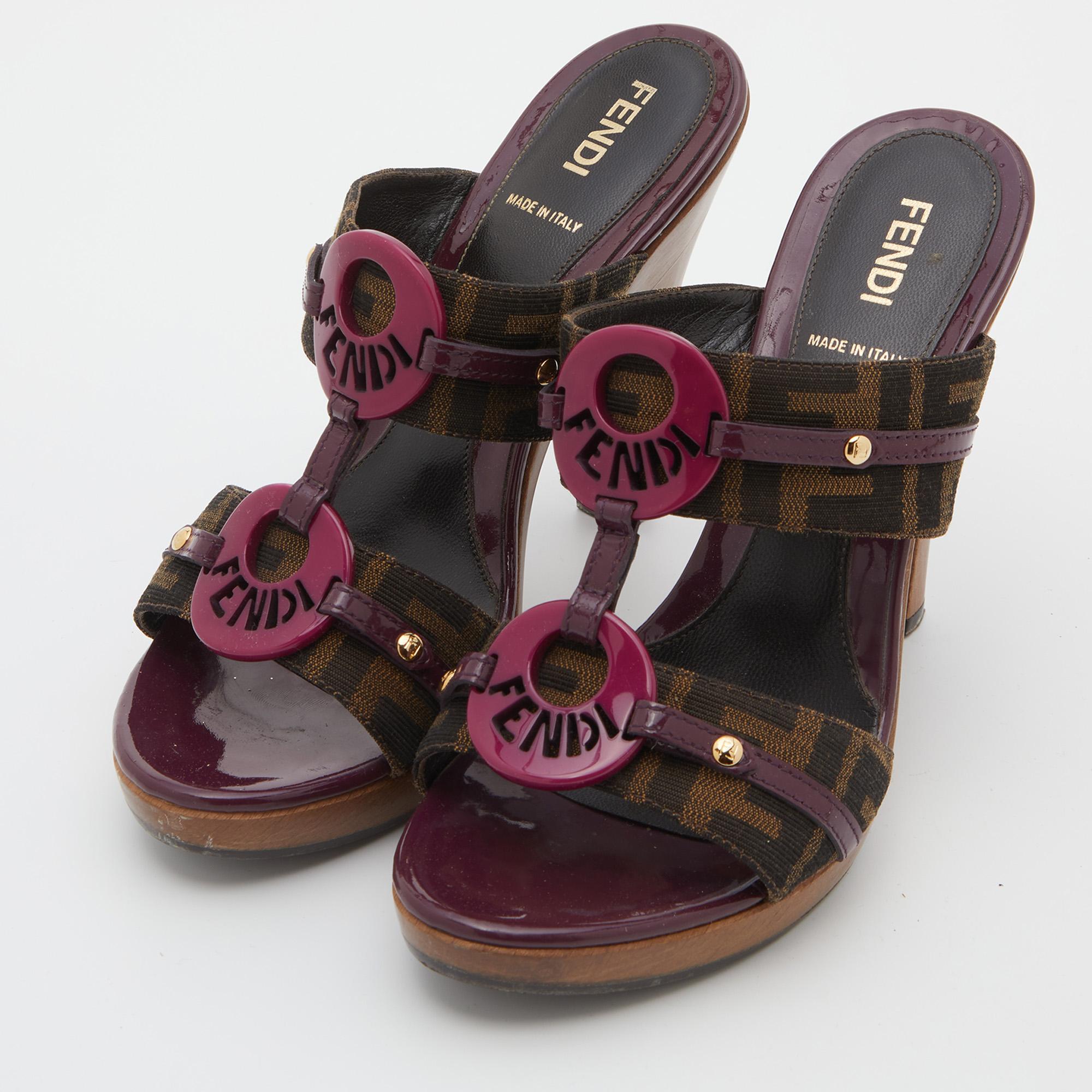 Women's Fendi Brown/Plum Zucca Canvas and Patent Leather Platform Slide Sandals Size 37