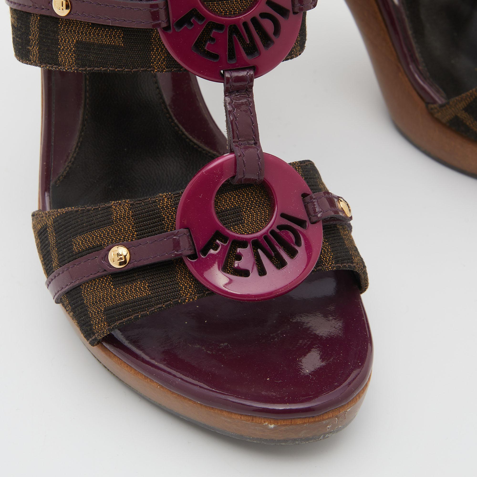 Fendi Brown/Plum Zucca Canvas and Patent Leather Platform Slide Sandals Size 37 3