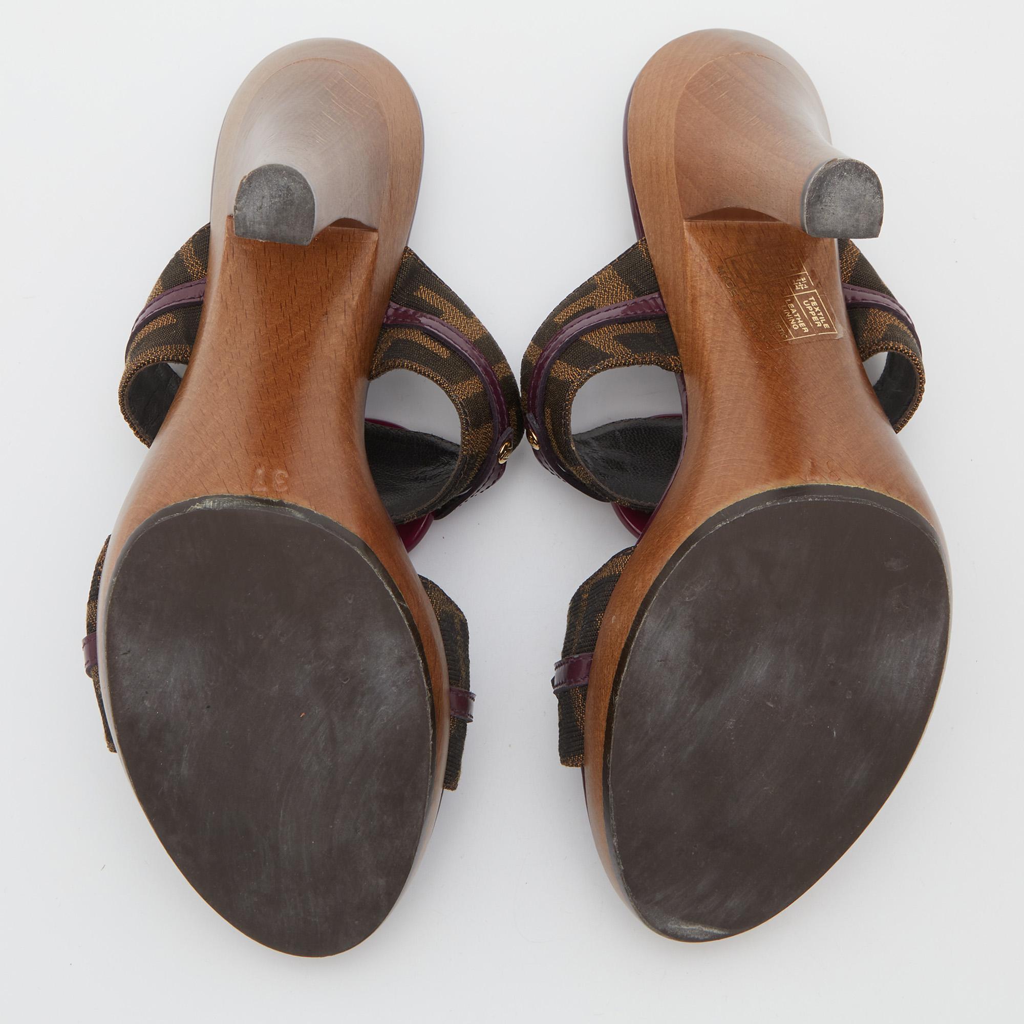 Fendi Brown/Plum Zucca Canvas and Patent Leather Platform Slide Sandals Size 37 4