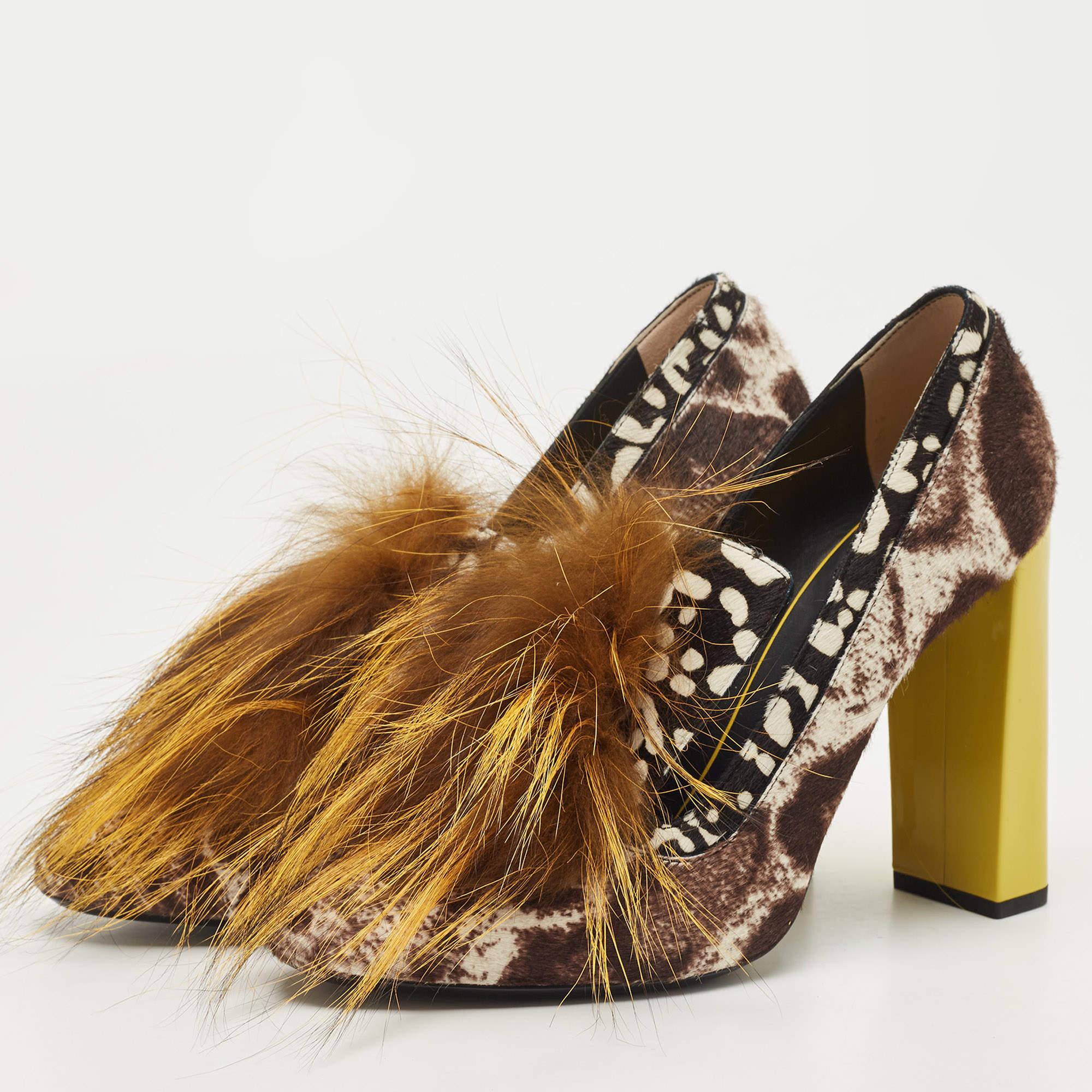 Women's Fendi Brown Print Calf Hair And Fox Fur Block Heel Pumps Size 40
