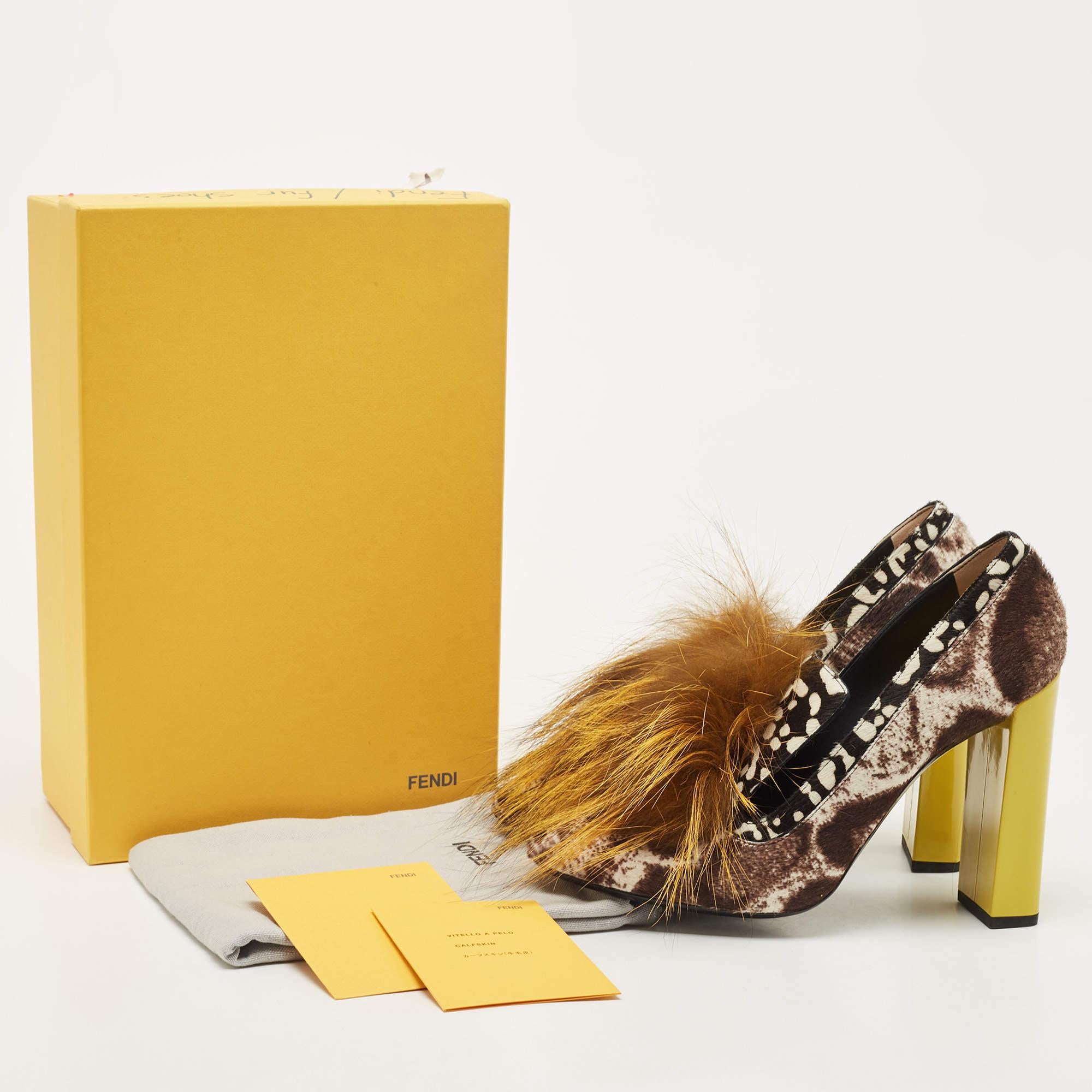 Fendi Brown Print Calf Hair And Fox Fur Block Heel Pumps Size 40 4