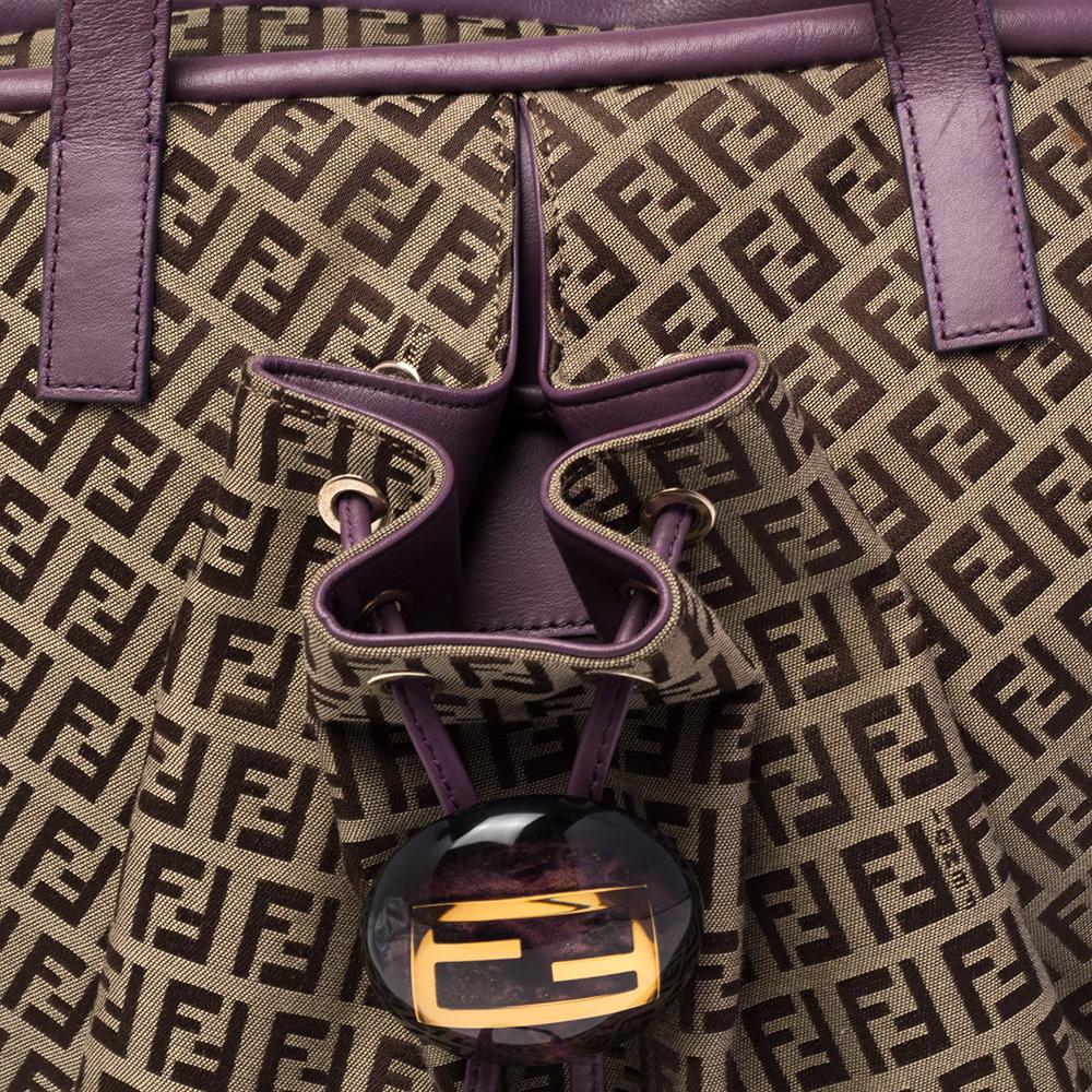 Fendi Brown/Purple Zucchino Canvas And Leather Front Drawstring Pocket Tote 7
