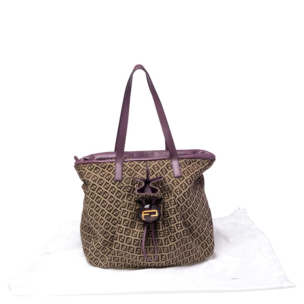 Fendi Brown/Purple Zucchino Canvas And Leather Front Drawstring Pocket Tote 9