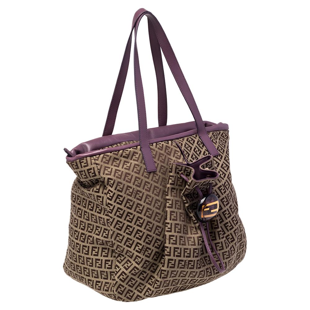 Women's Fendi Brown/Purple Zucchino Canvas And Leather Front Drawstring Pocket Tote