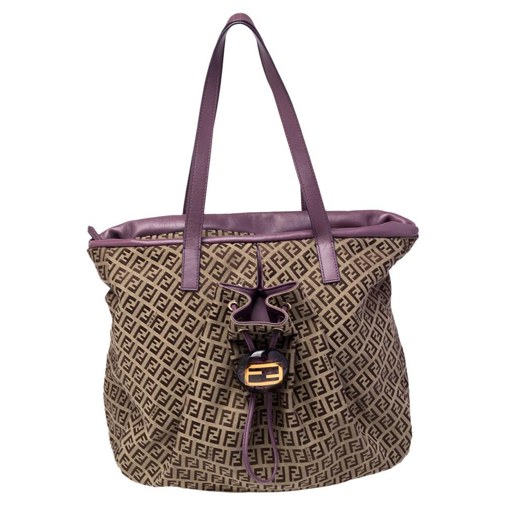 Fendi Brown/Purple Zucchino Canvas And Leather Front Drawstring Pocket Tote