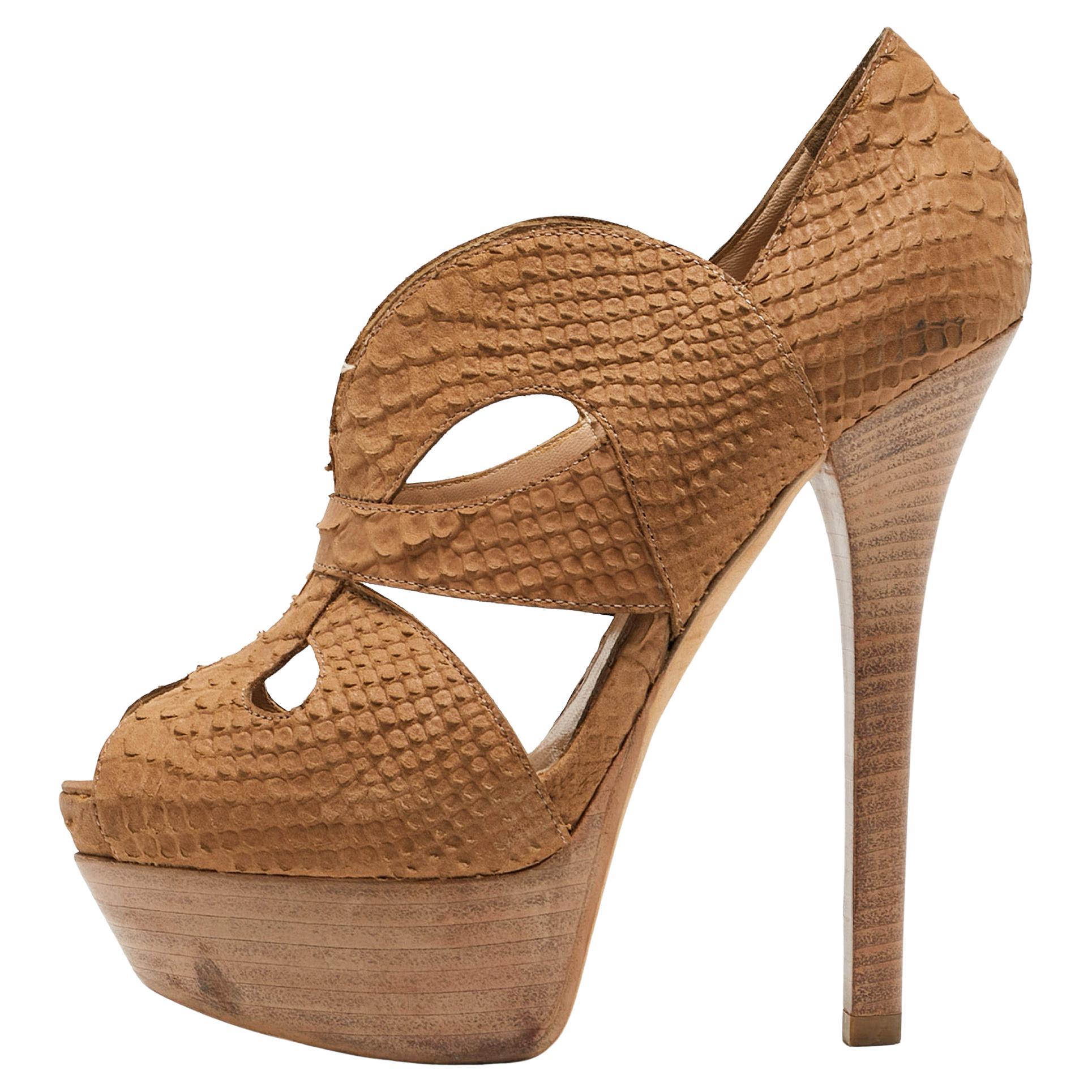 Fendi Brown Python Embossed Leather Peep Toe Pumps Size 36 For Sale