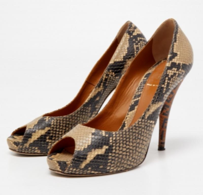 Fendi Brown Python Embossed Leather Peep Toe Pumps Size 39.5 en venta 3
