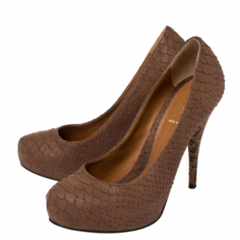 Fendi Brown Python Embossed Leather Superstar Platform Pumps Size 38.5 For Sale 3