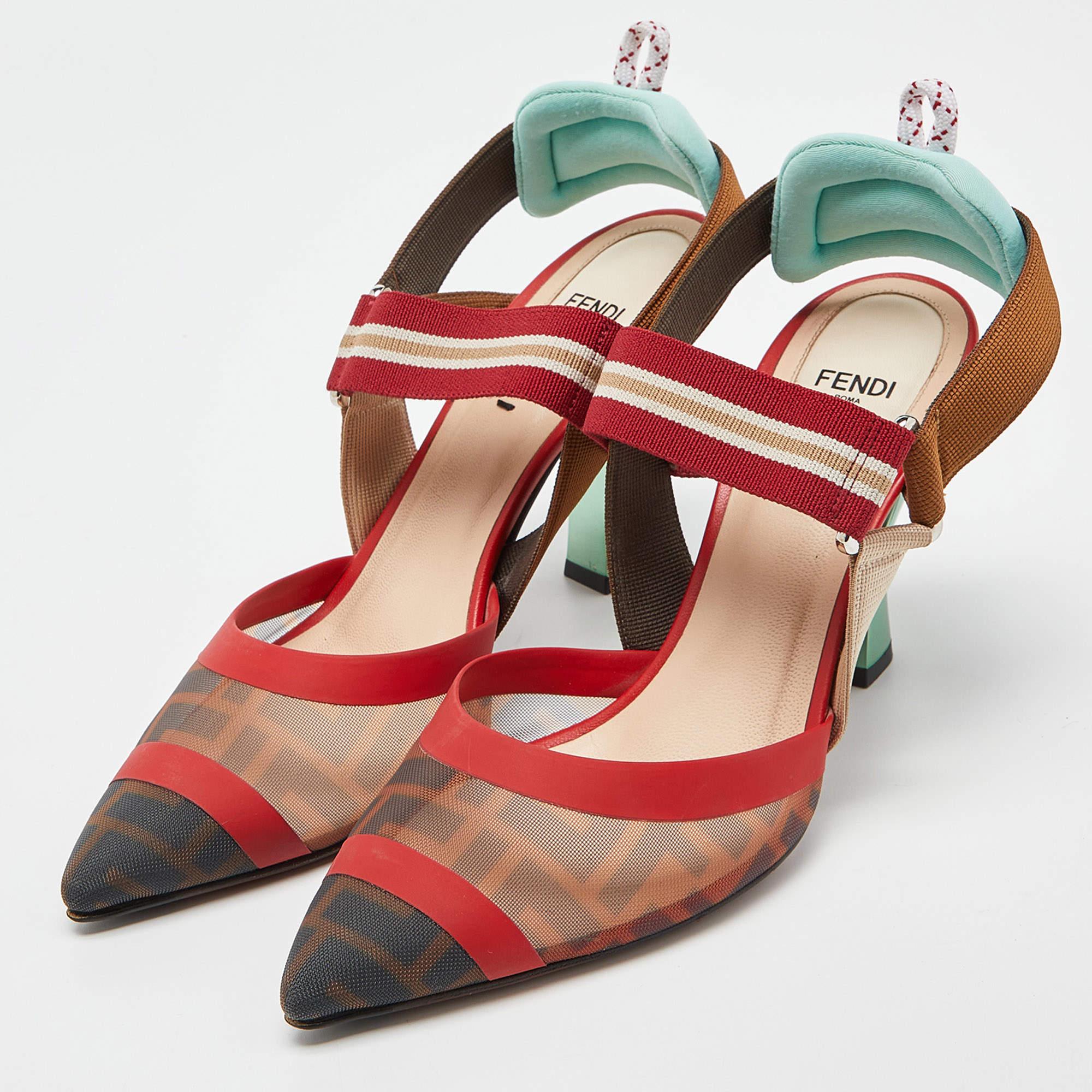 Fendi Brown/Red Mesh and Canvas Colibri Slingback In Good Condition In Dubai, Al Qouz 2