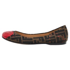 Fendi Brown/Red Zucca Canvas and Leather Heart Cap Toe Ballet Flats Size 38.5