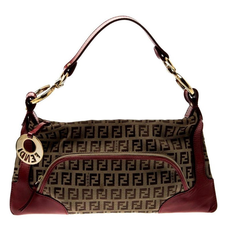 Fendi Brown/Red Zucchino Canvas and Leather Front Pocket Shoulder Bag ...