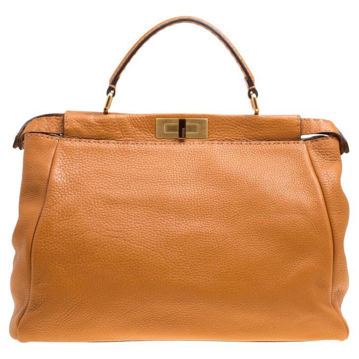 Fendi Brown Selleria Leather Large Peekaboo Top Handle Bag For Sale