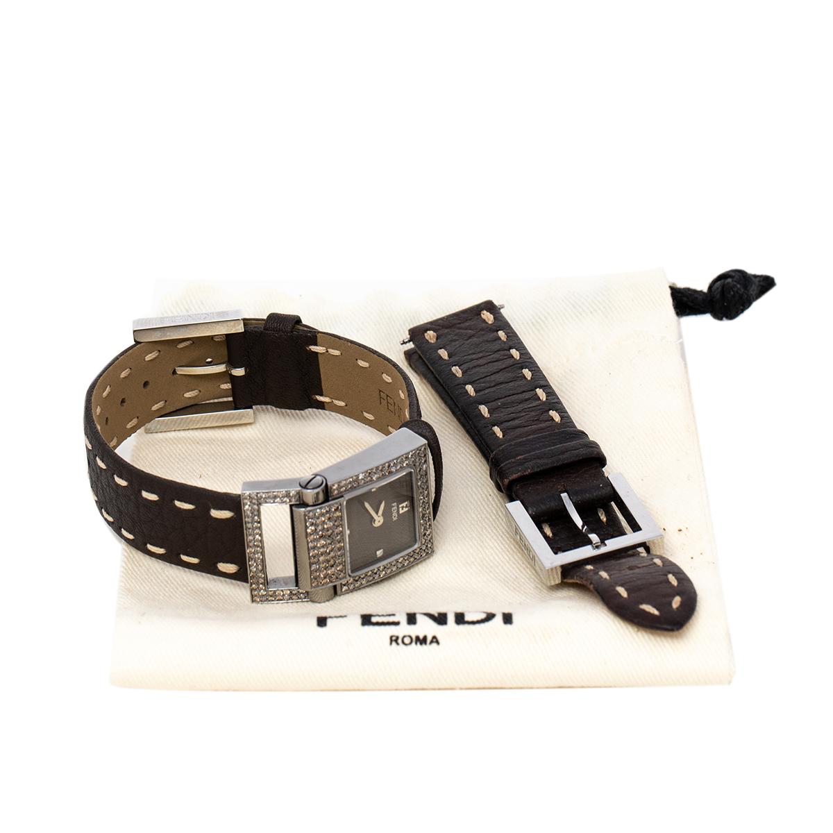 Fendi Brown Stainless Leather Diamond 5200L Women's Wristwatch 23 mm 2