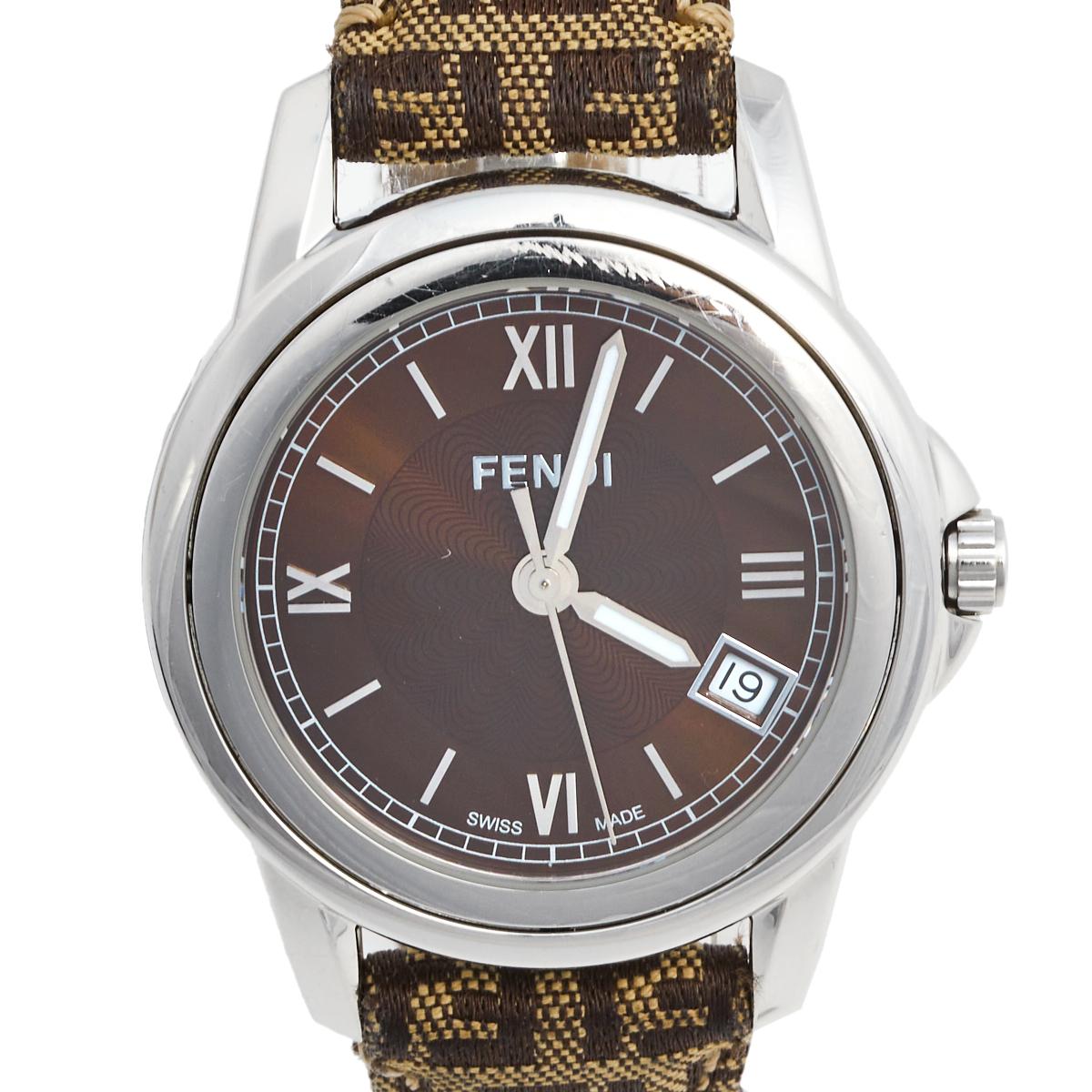 Contemporary Fendi Brown Stainless Steel Leather 002-149 Women's Wristwatch 37 mm
