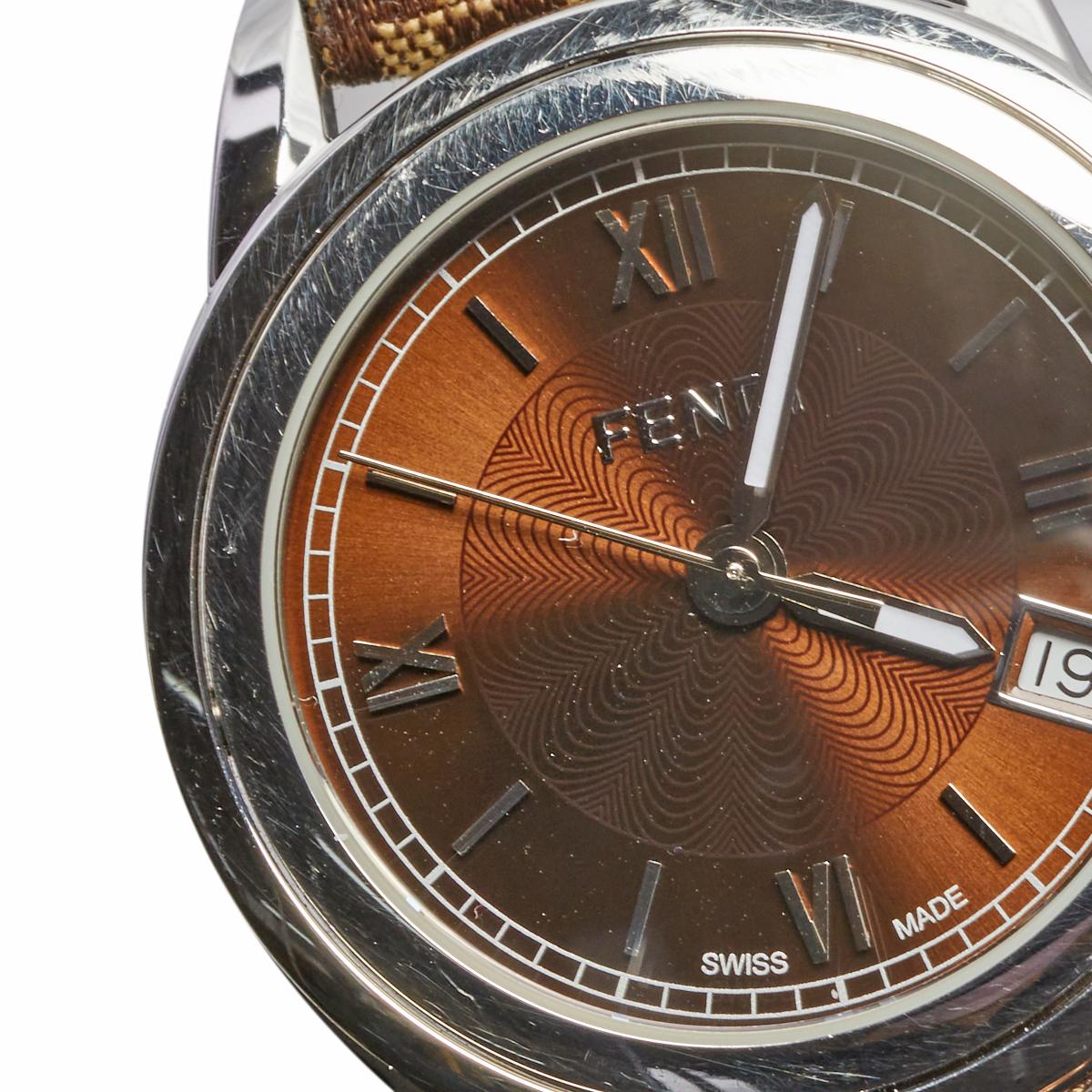 Fendi Brown Stainless Steel Leather 002-149 Women's Wristwatch 37 mm In Good Condition In Dubai, Al Qouz 2
