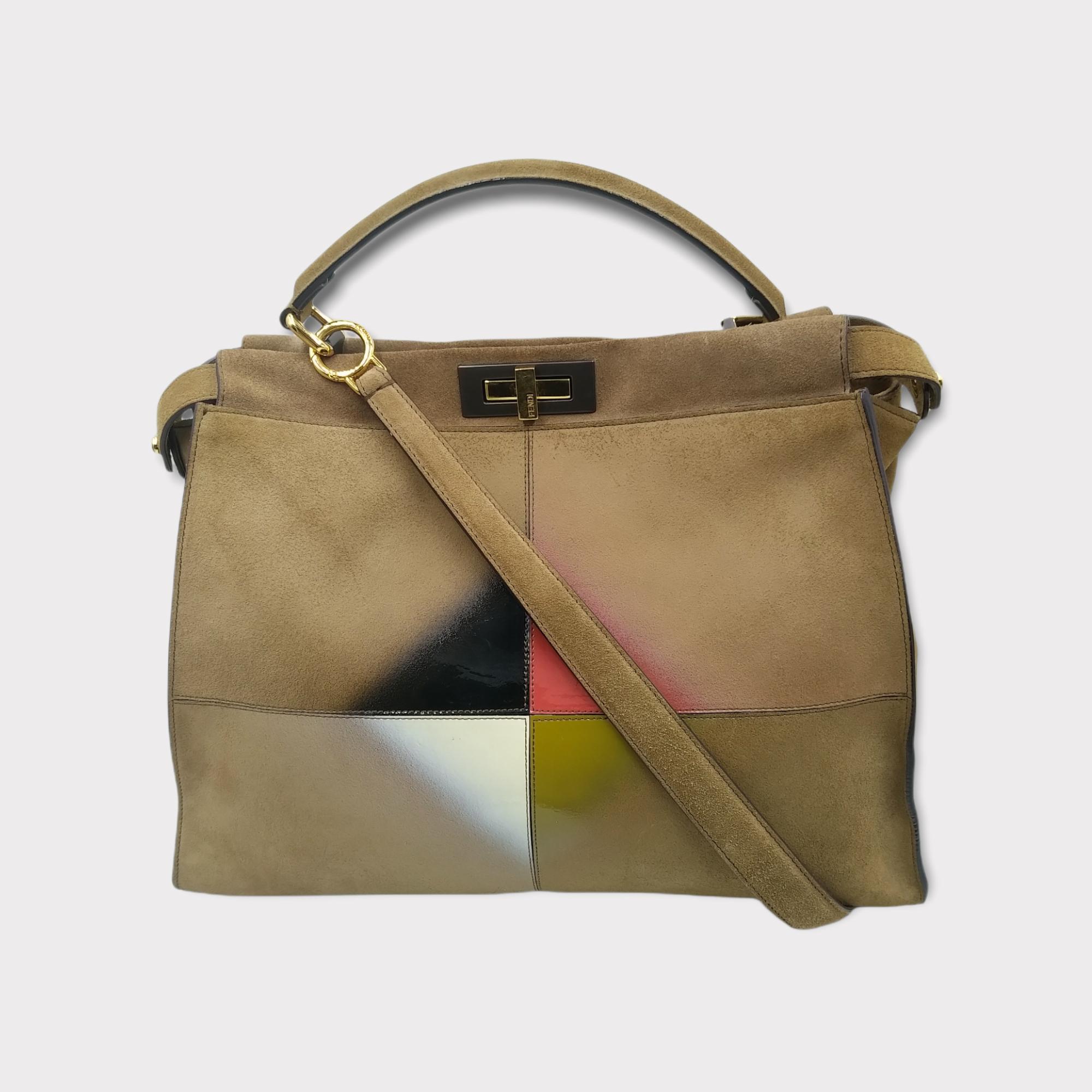Fendi Brown Suede and Patent Leather Gradient Color rhombus Large Peekaboo Bag For Sale 7