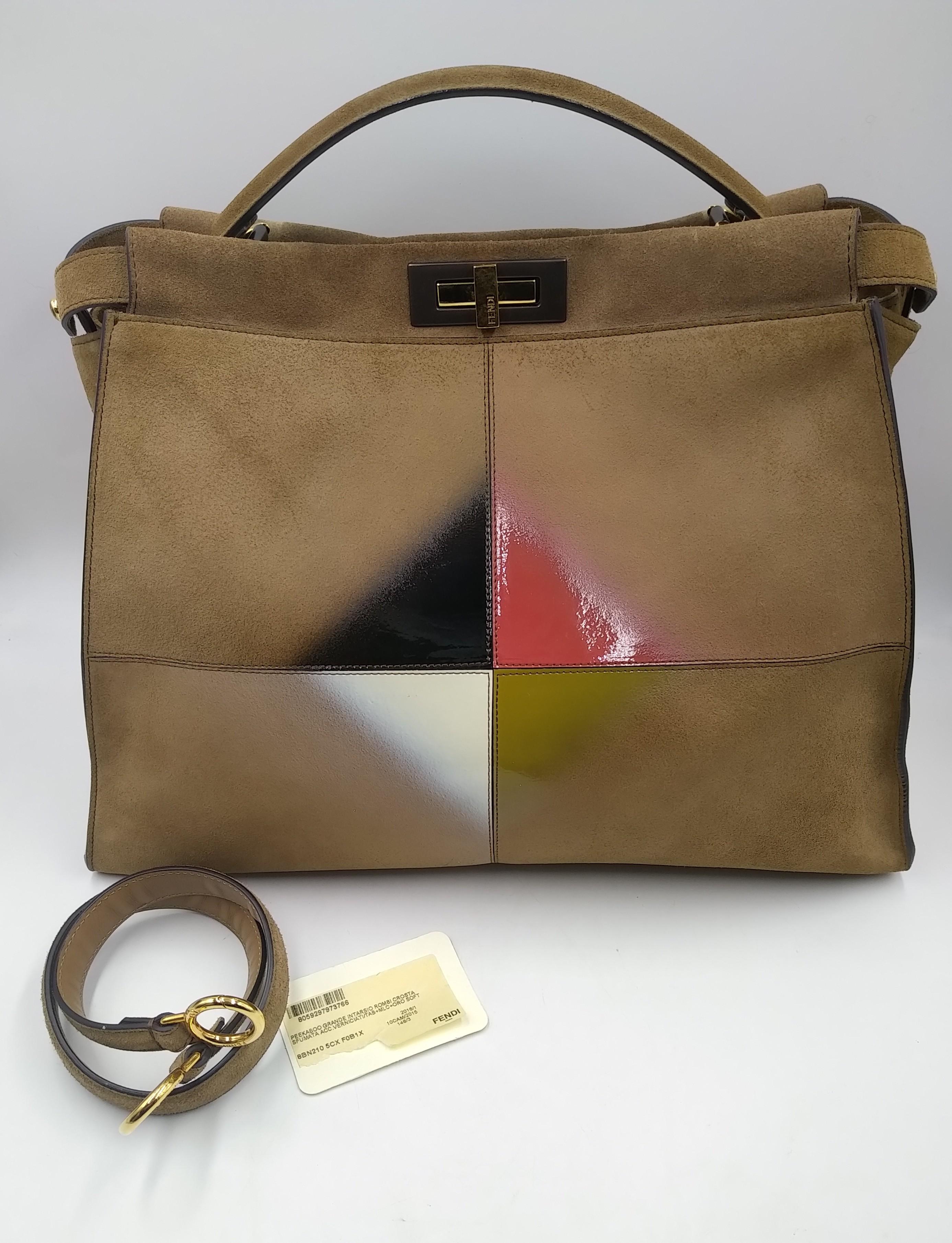 Fendi Brown Suede and Patent Leather Gradient Color rhombus Large Peekaboo Bag For Sale 8
