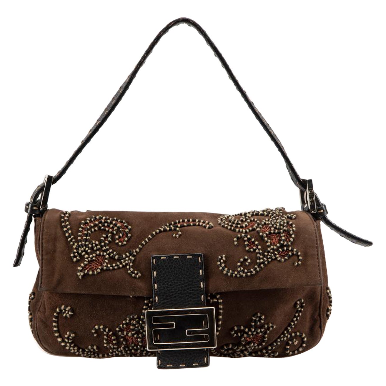 Fendi Brown Suede Embroidered Shoulder Bag