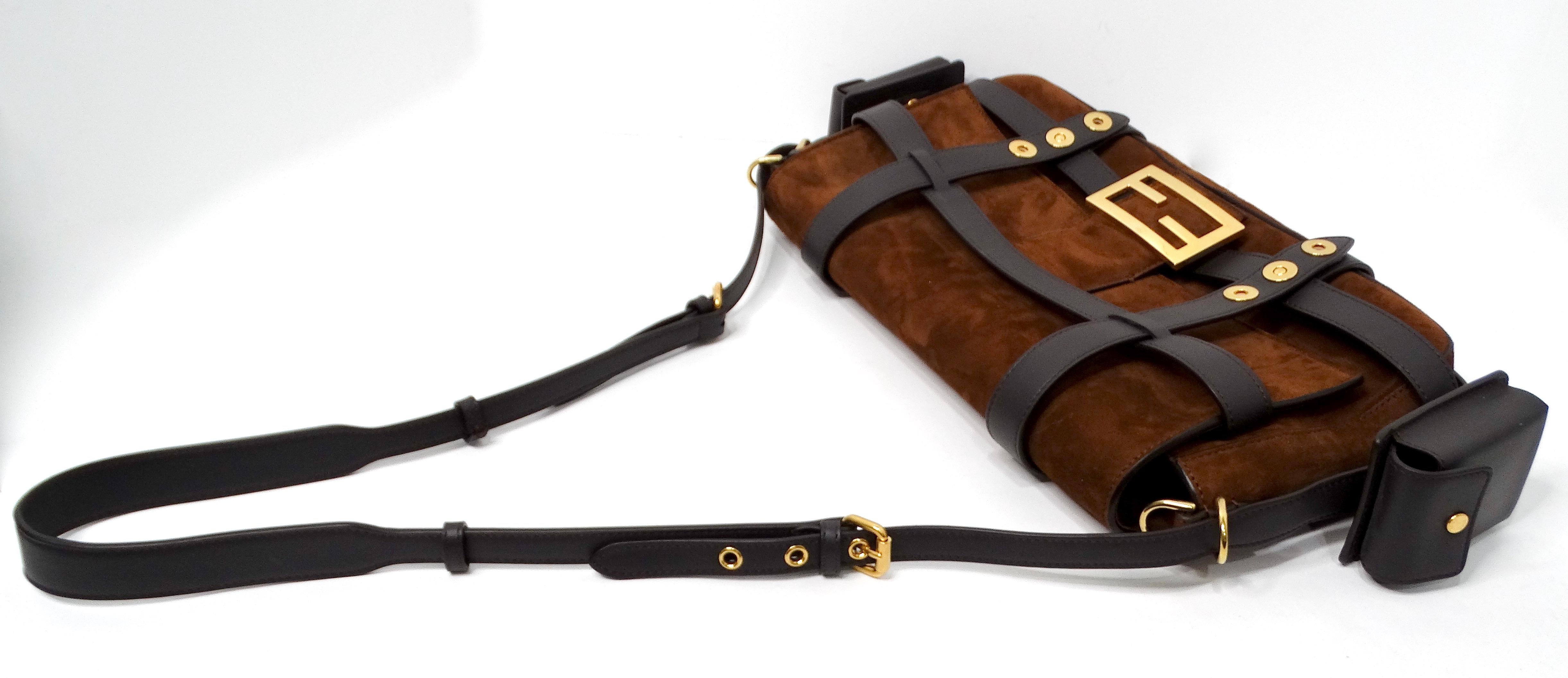 Fendi Brown Suede Leather Trimmed Cage Baguette Shoulder Bag circa 2019 For Sale 7
