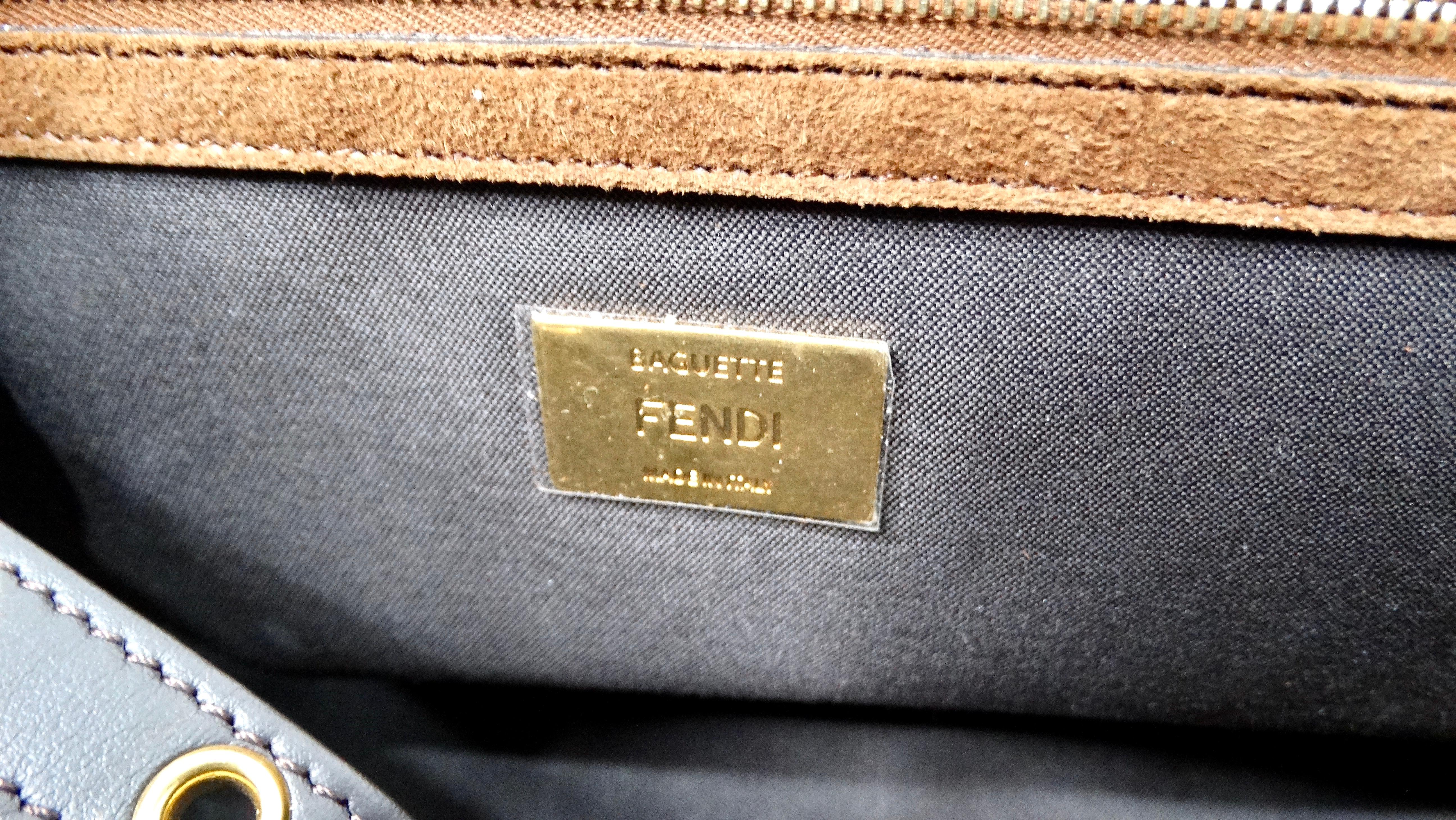 Fendi Brown Suede Leather Trimmed Cage Baguette Shoulder Bag circa 2019 For Sale 12