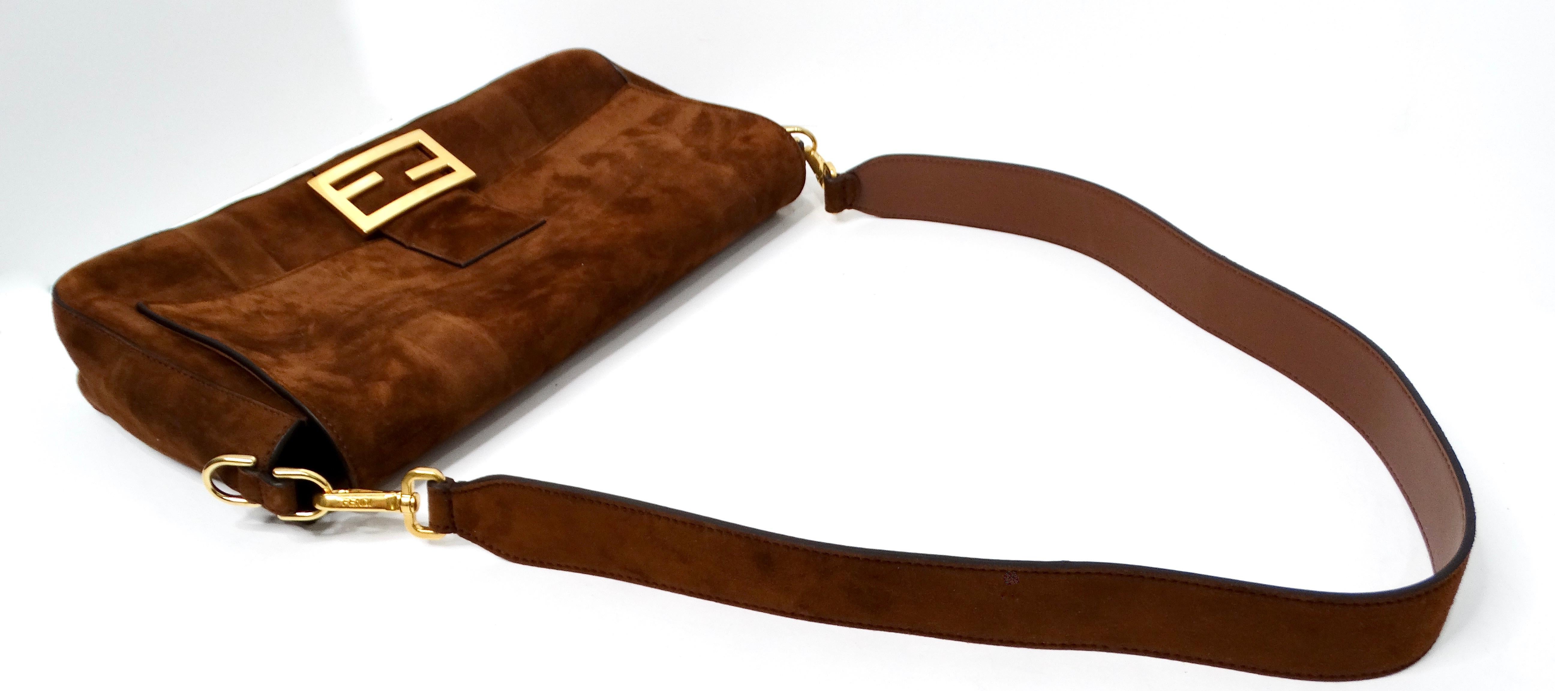 Fendi Brown Suede Leather Trimmed Cage Baguette Shoulder Bag circa 2019 For Sale 3