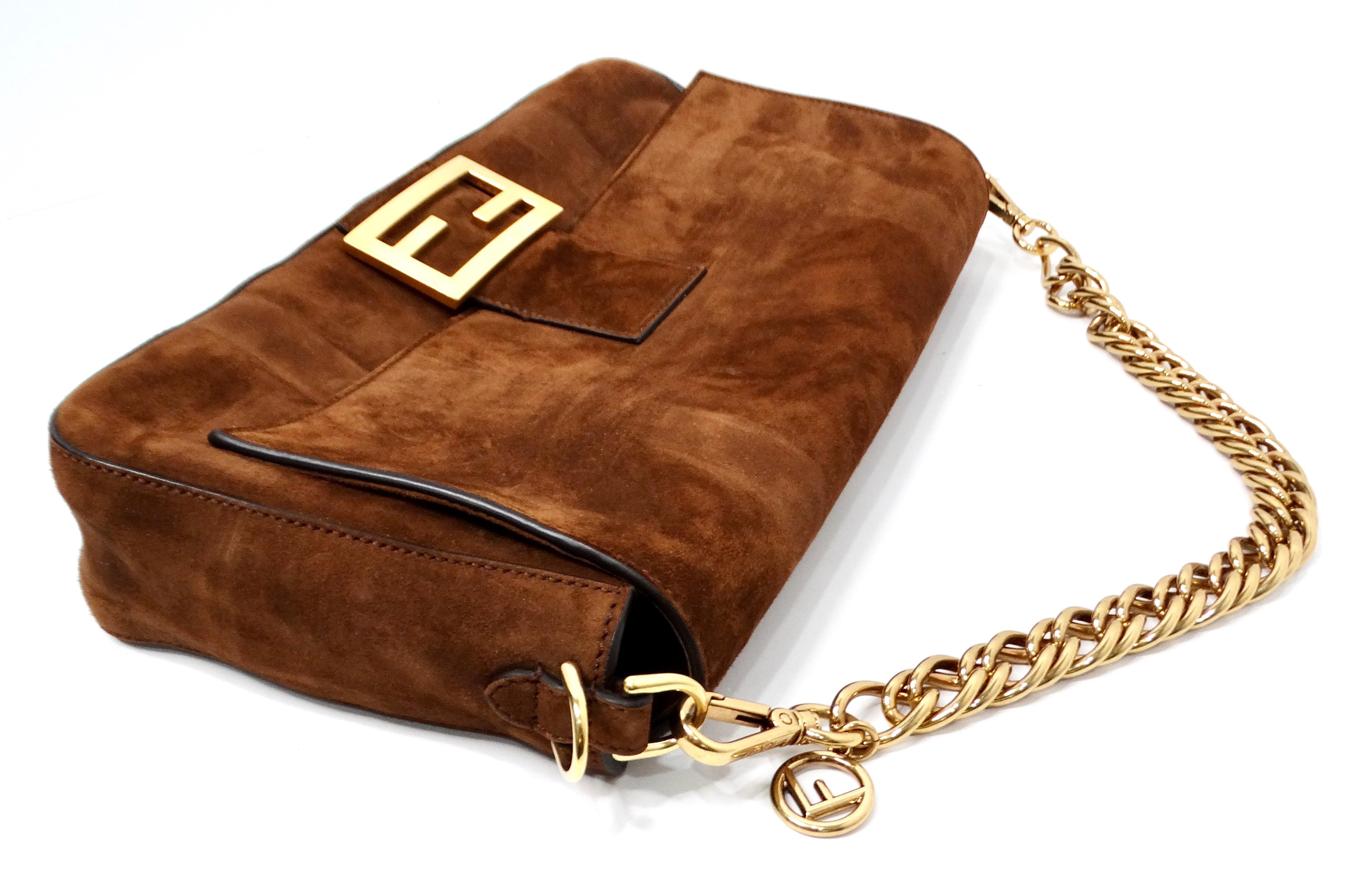 Fendi Brown Suede Leather Trimmed Cage Baguette Shoulder Bag circa 2019 For Sale 4