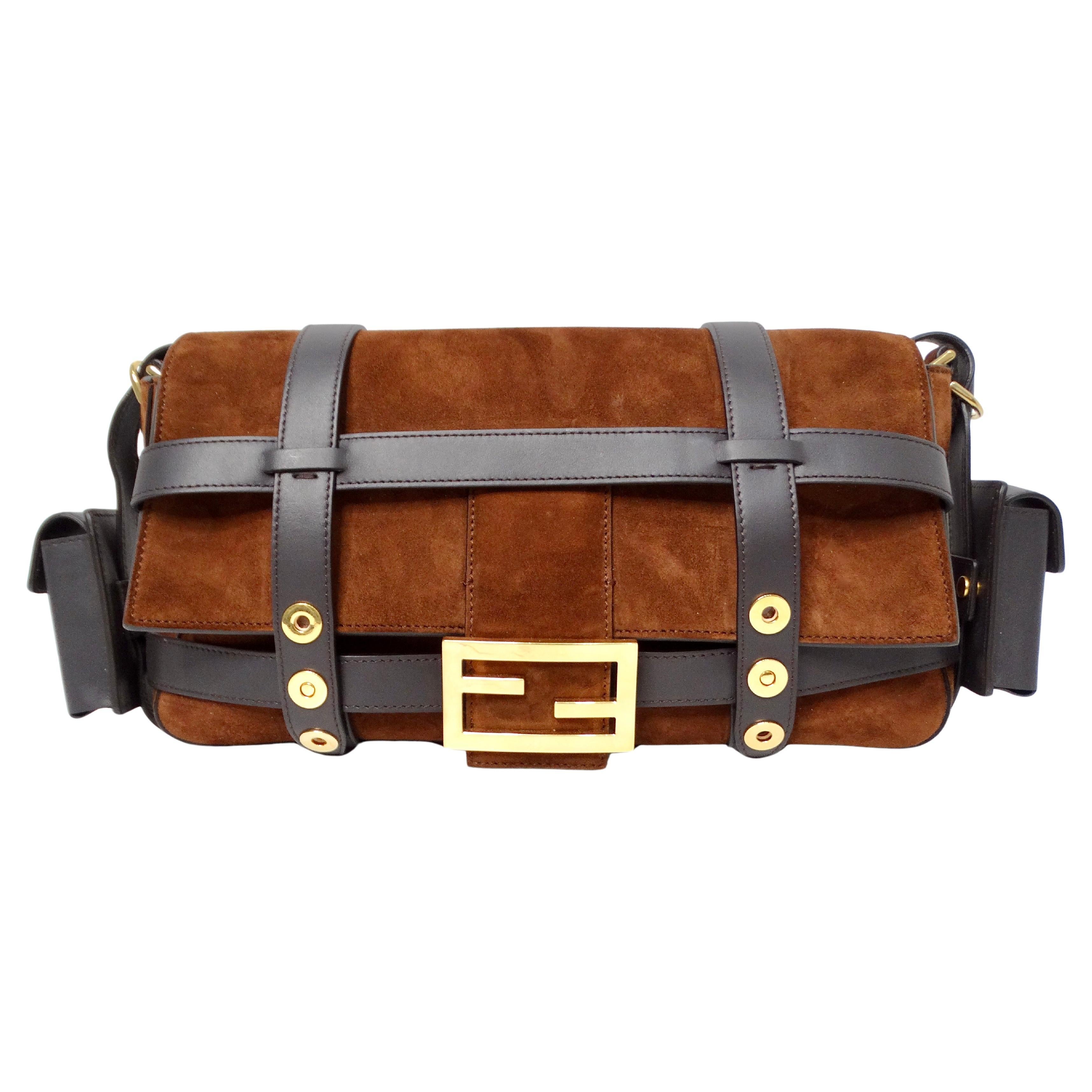 Fendi Brown Suede Leather Trimmed Cage Baguette Shoulder Bag circa 2019 For Sale