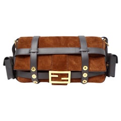 Fendi Brown Suede Leather Trimmed Cage Baguette Shoulder Bag circa 2019