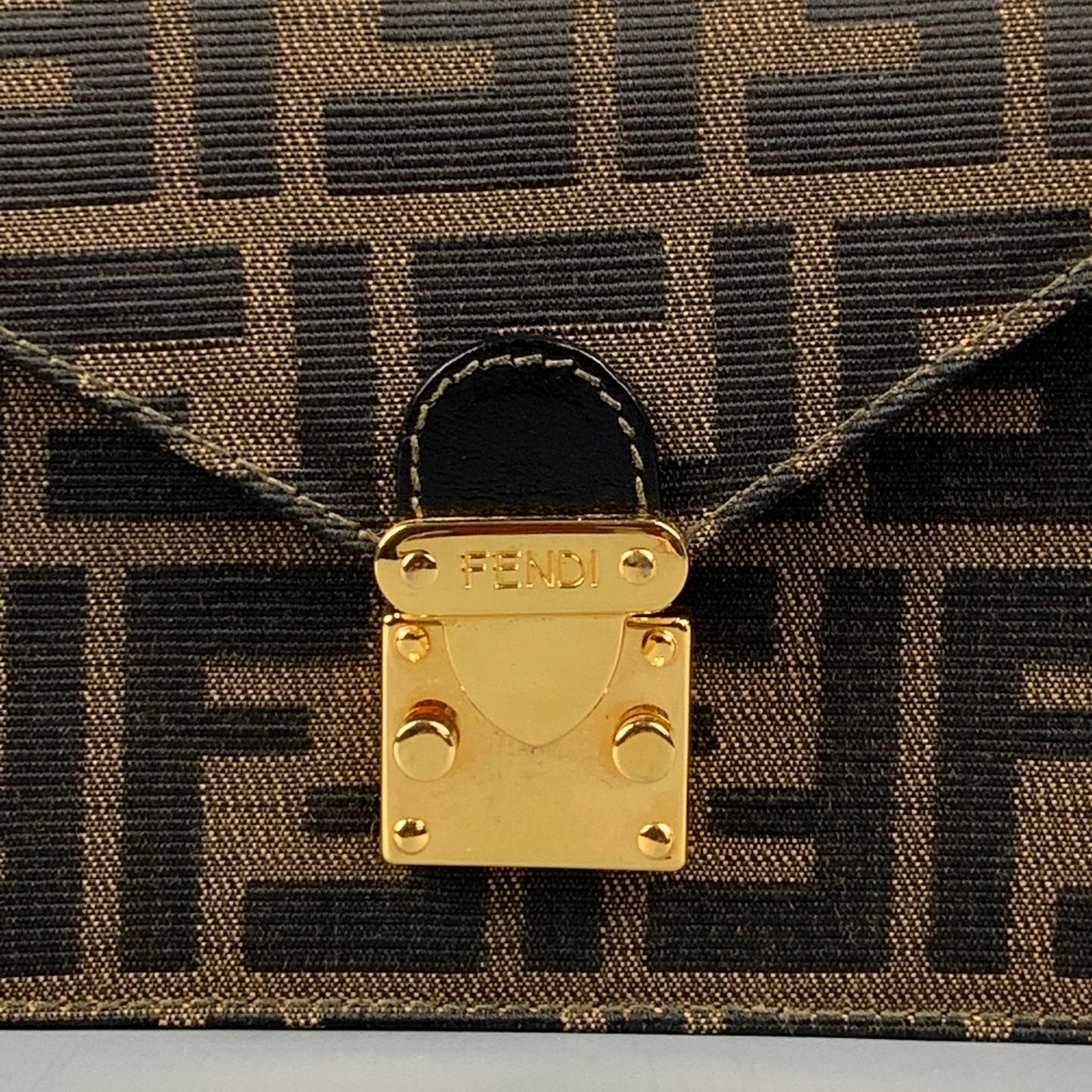 FENDI handbag comes in a brown & tan monogram canvas featuring a mini size style, gold tone hardware, shoulder strap, and a front closure. Includes dust bag.

Very Good Pre-Owned Condition.
Original Retail Price : $2,390.00

Measurements:

Length: