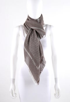 FENDI Brown Tan “Zucca” Signature Monogram Fringe Edge Large Square Shawl Scarf
