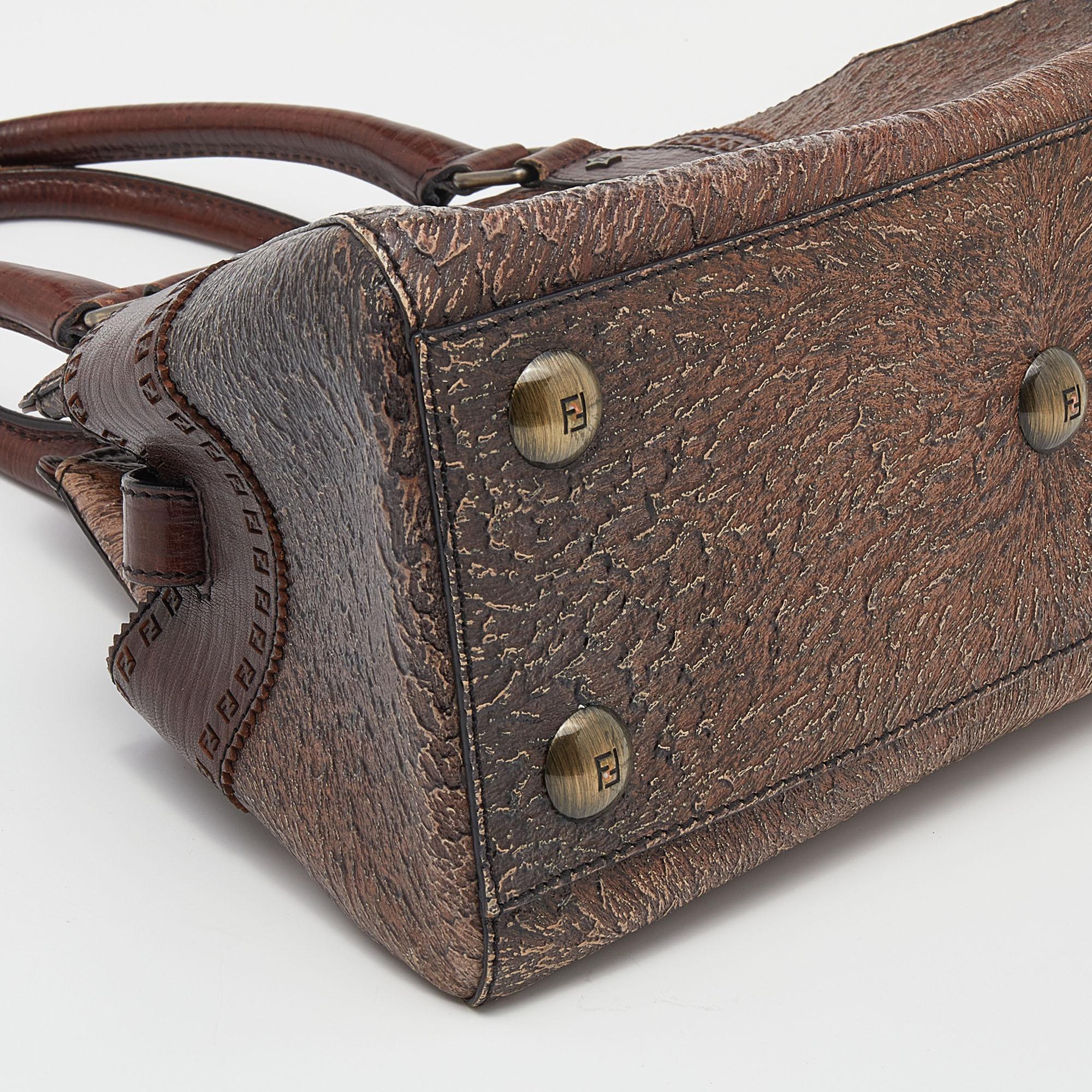 Fendi Brown Textured Embossed Leather Satchel 1