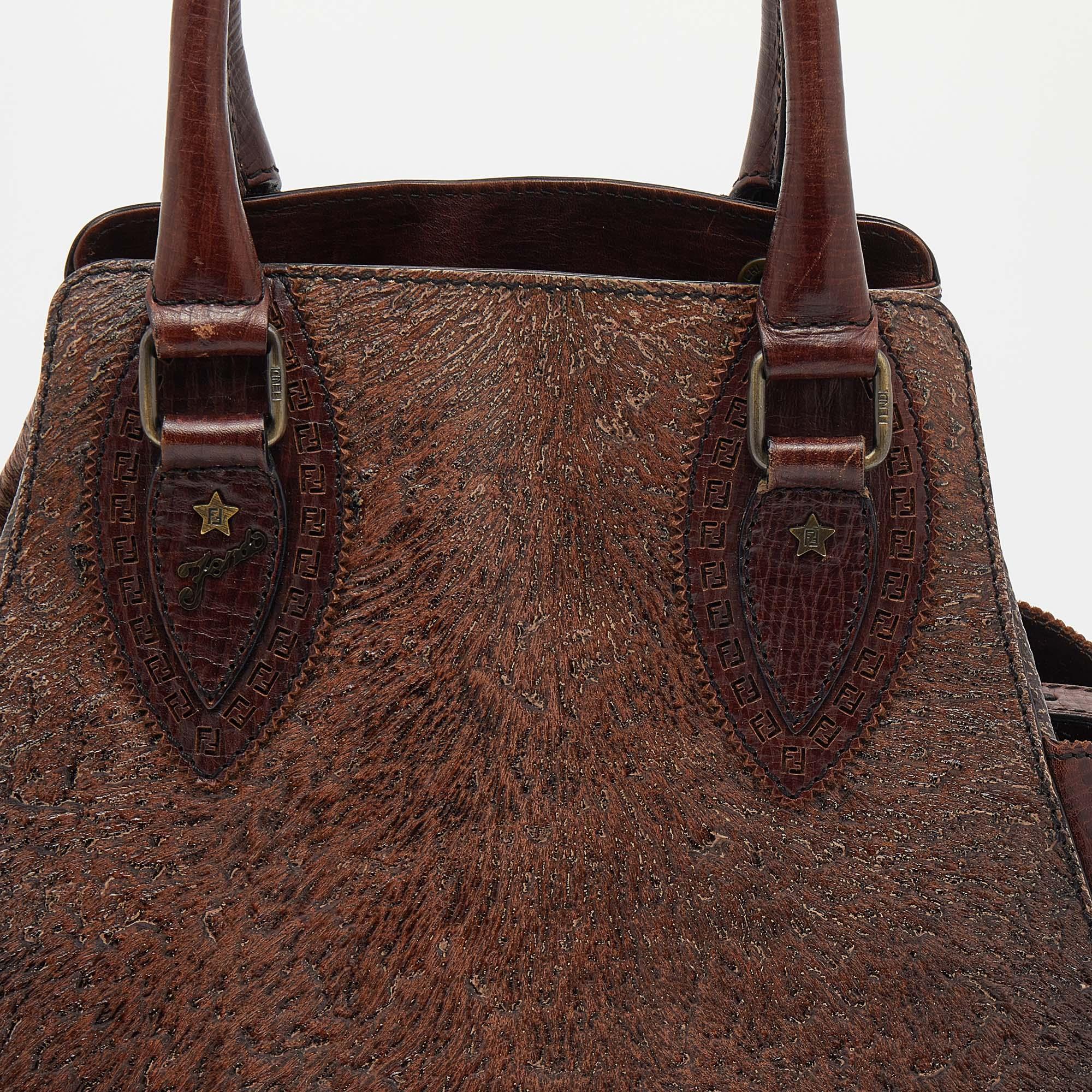Fendi Brown Textured Embossed Leather Satchel 3