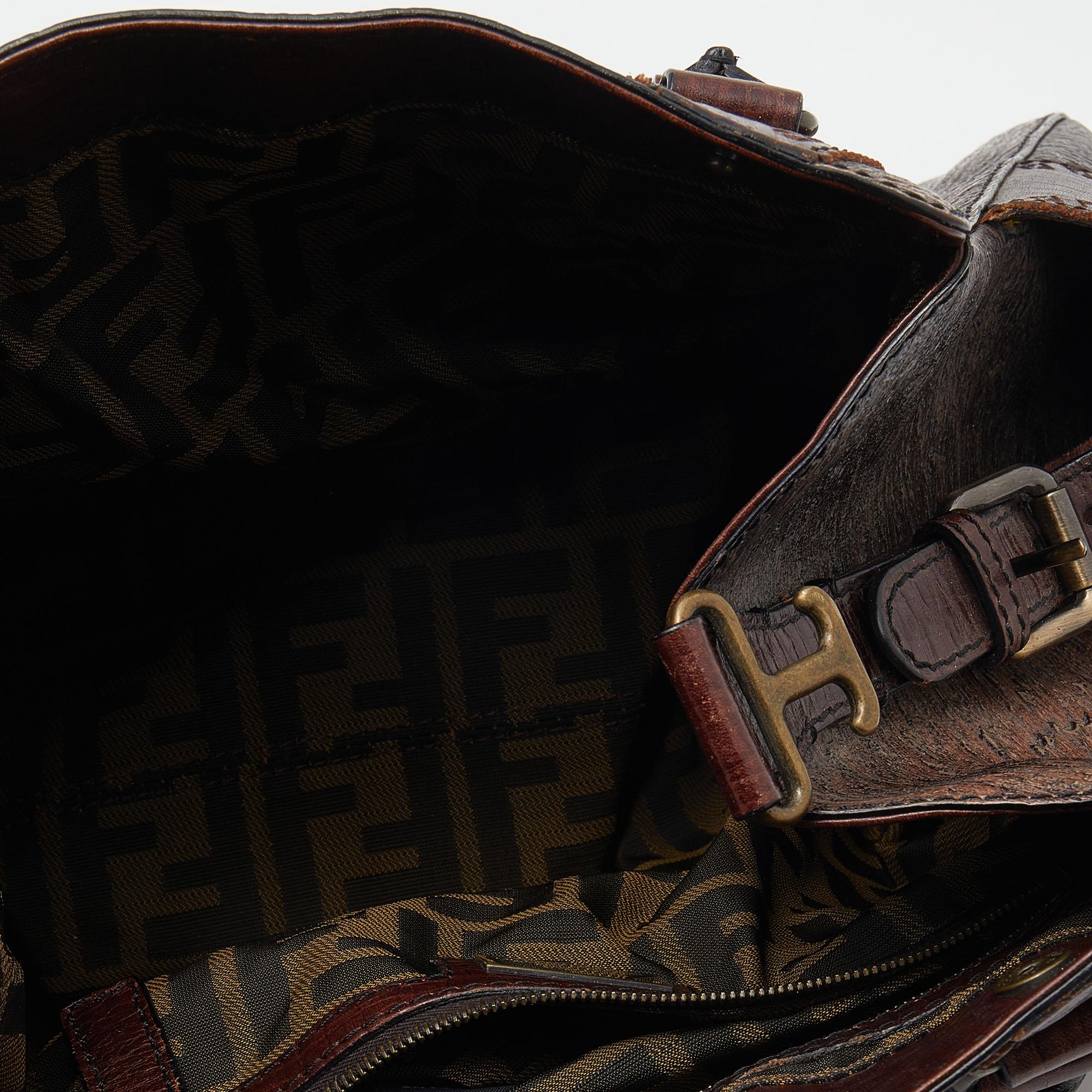 Fendi Brown Textured Embossed Leather Satchel 4
