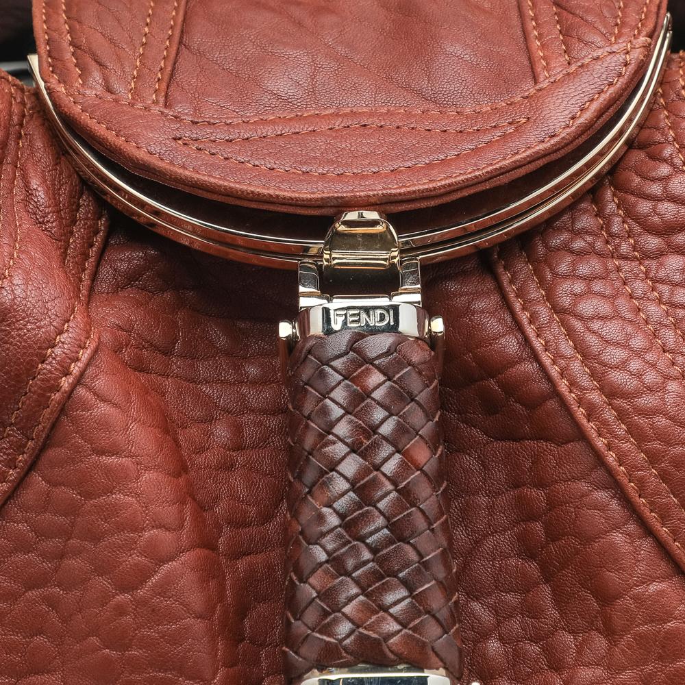 Fendi Brown Textured Leather Braided Handle Spy Hobo 4