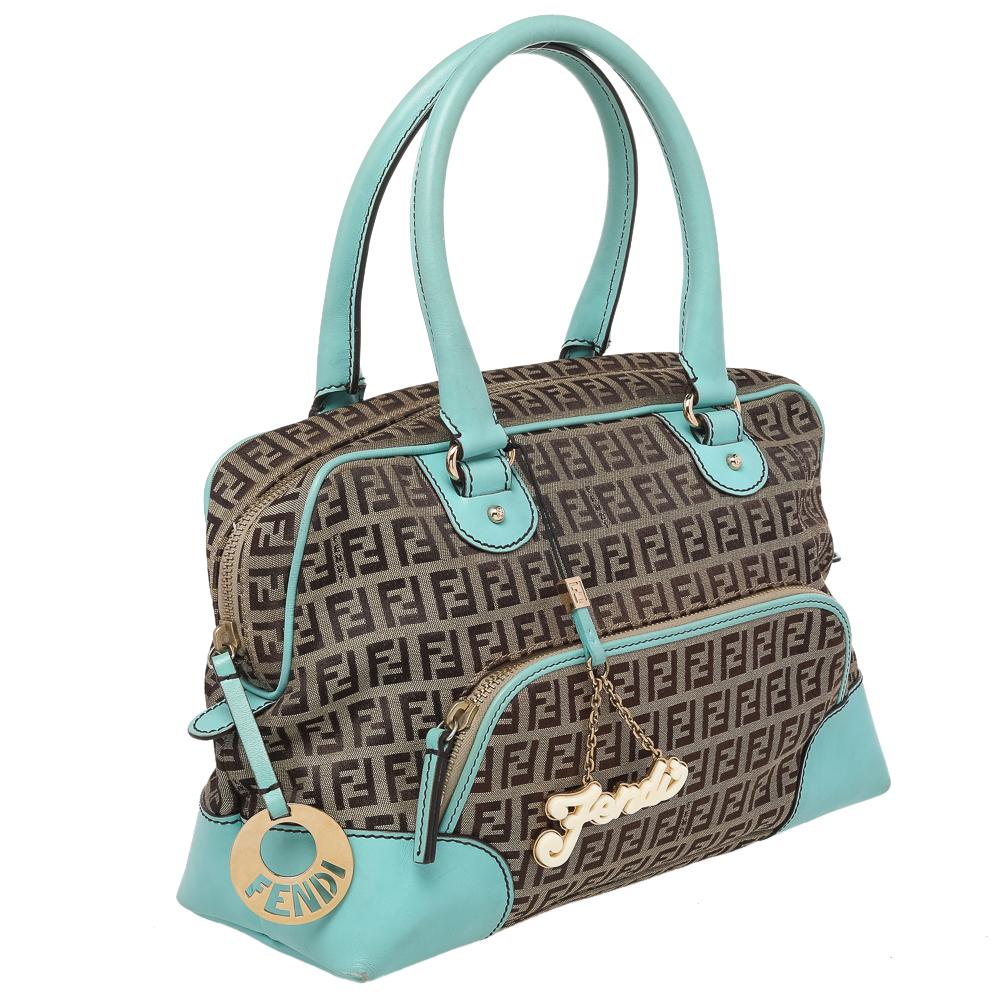 Gray Fendi Brown/Turquoise Zucchino Canvas And Leather Satchel