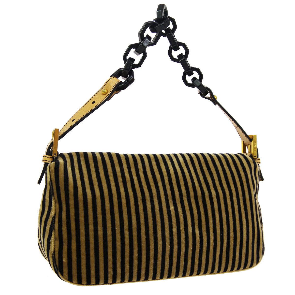 Black Fendi Brown Velvet Stripe Gold Logo Small Top Handle Shoulder Pochette Flap Bag