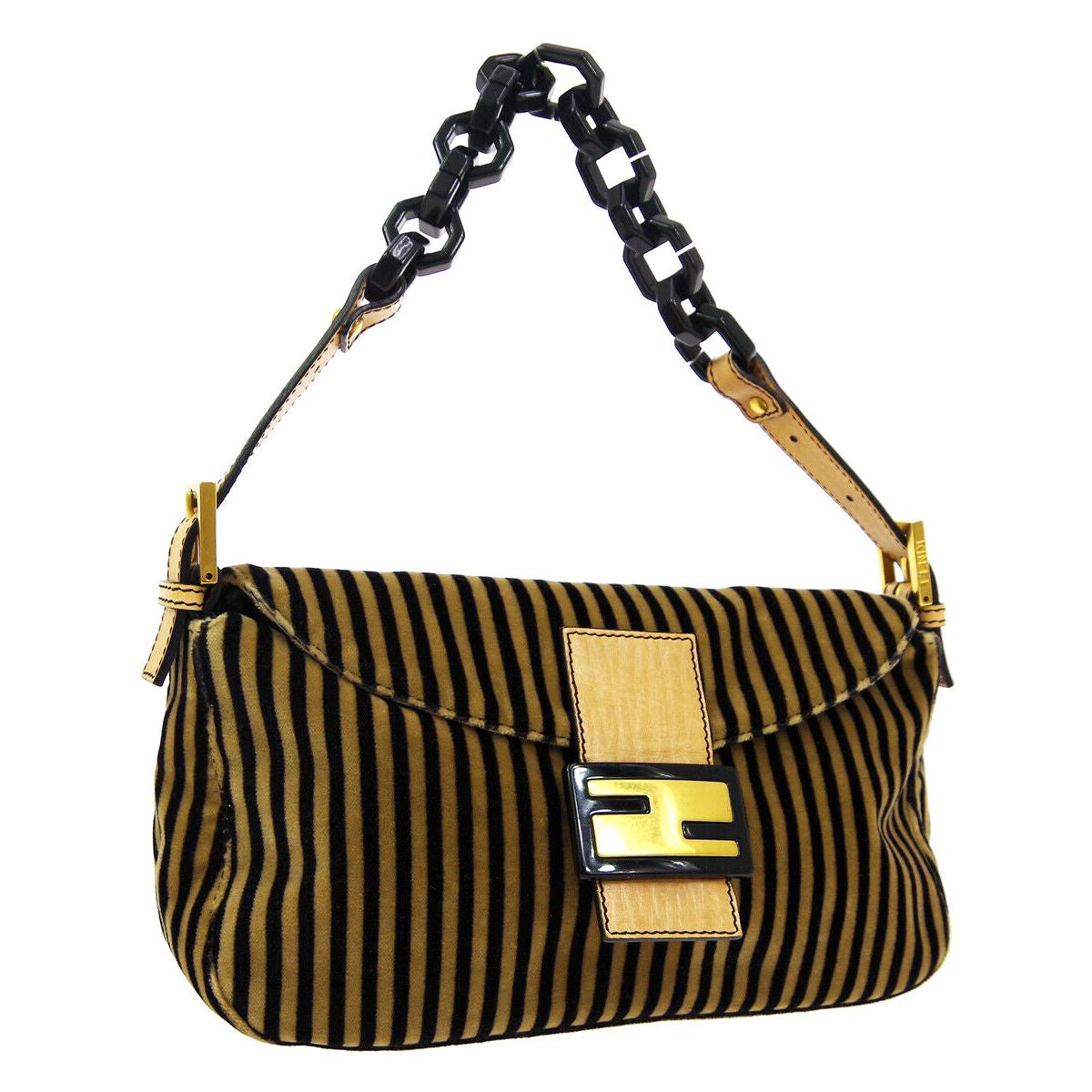 Fendi Brown Velvet Stripe Gold Logo Small Top Handle Shoulder Pochette Flap Bag