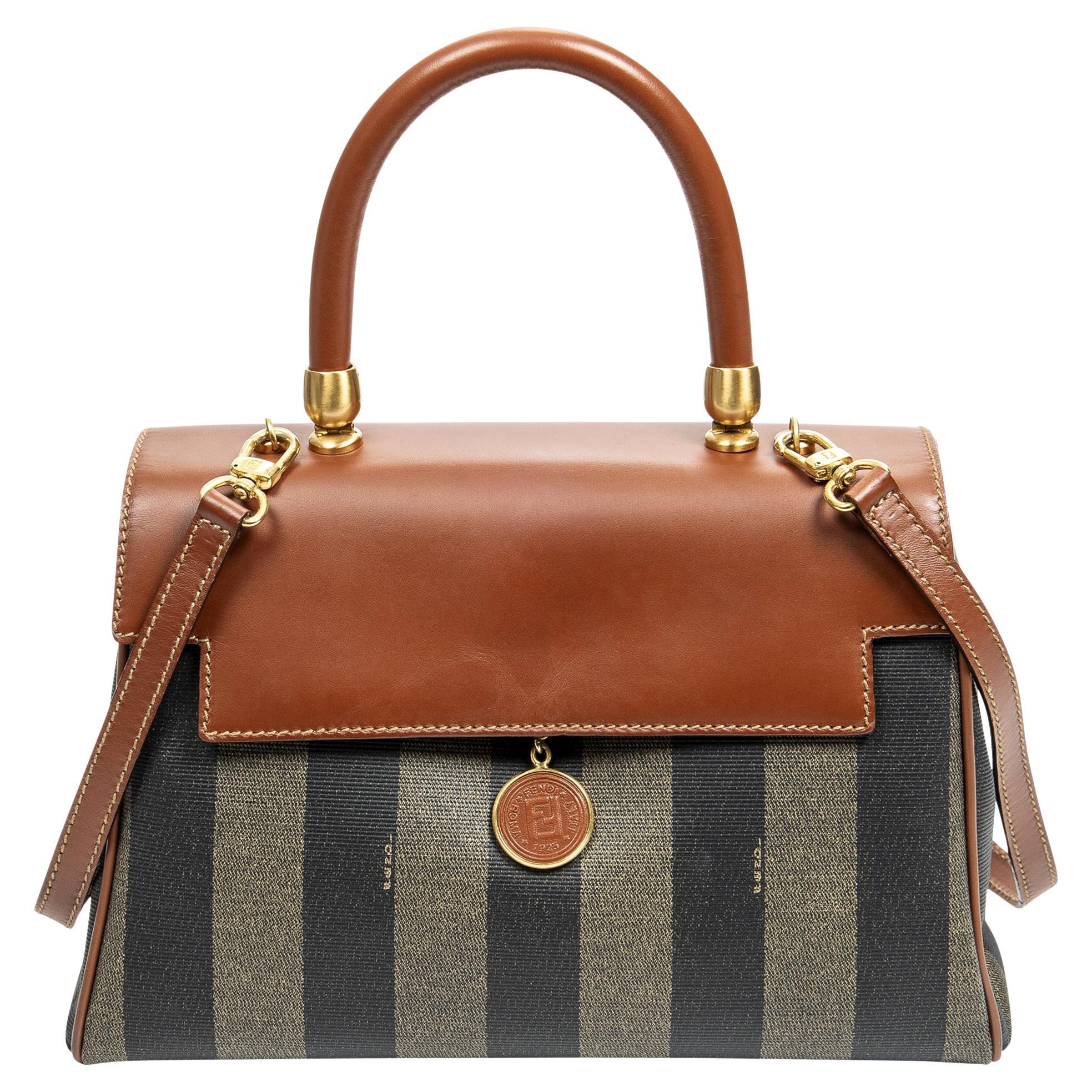 Fendi Brown Vintage Pequin Top Handle Bag For Sale