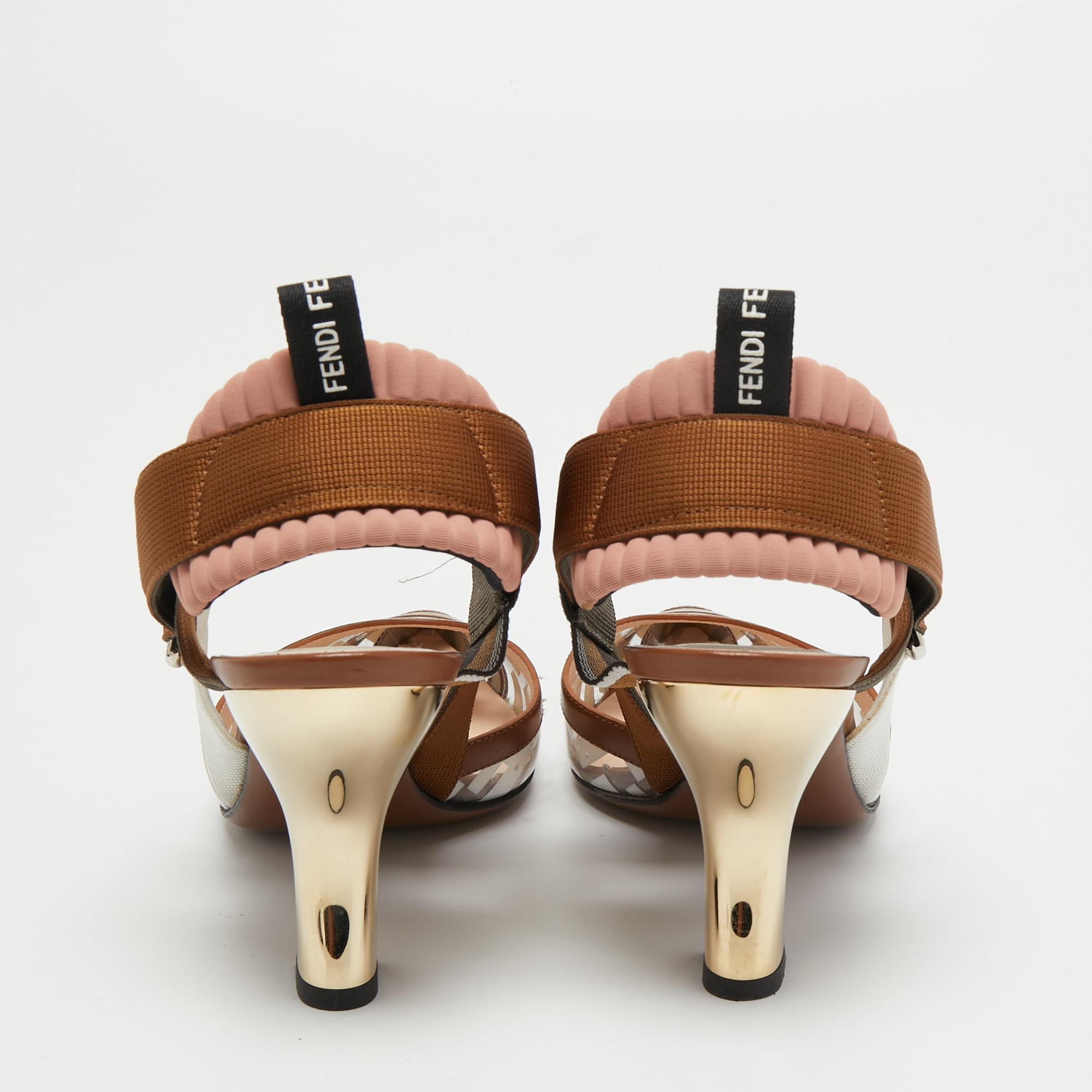 Fendi Brown/White PVC and Leather Colibri Slingback Pumps Size 38 In Good Condition In Dubai, Al Qouz 2